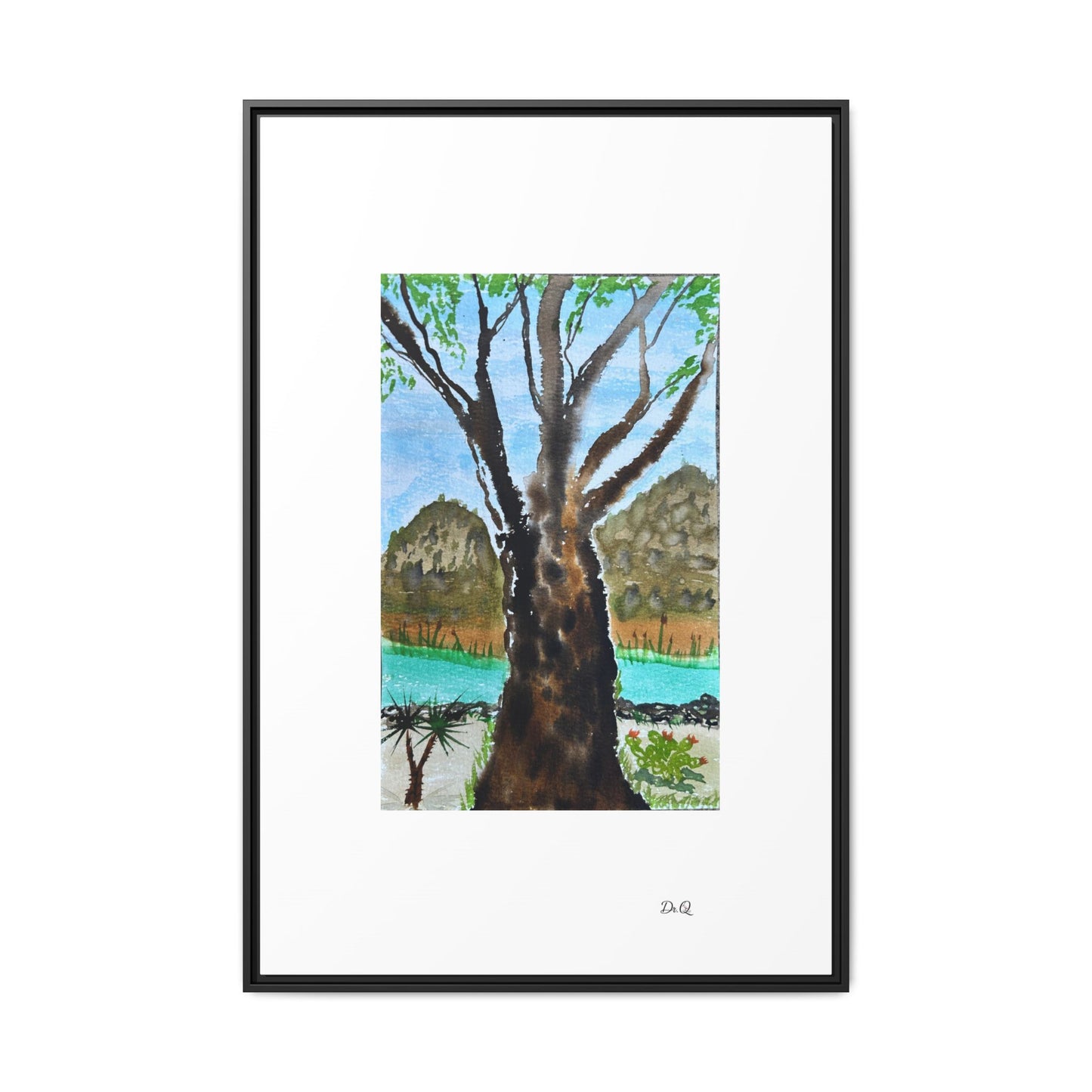 Tranquil Lakeside Tree Watercolor - Framed Matte Canvas Print by Dr. Q
