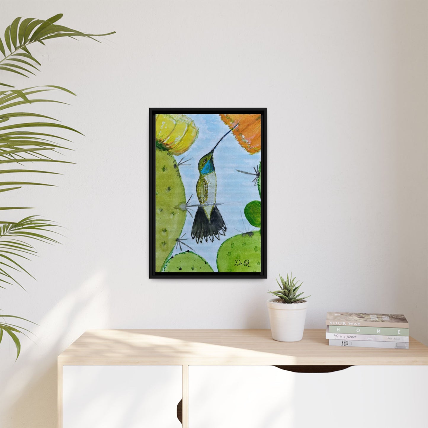 Framed Hummingbird Cactus Watercolor Print on Canvas by Dr. Q — Floral Desert Wall Art
