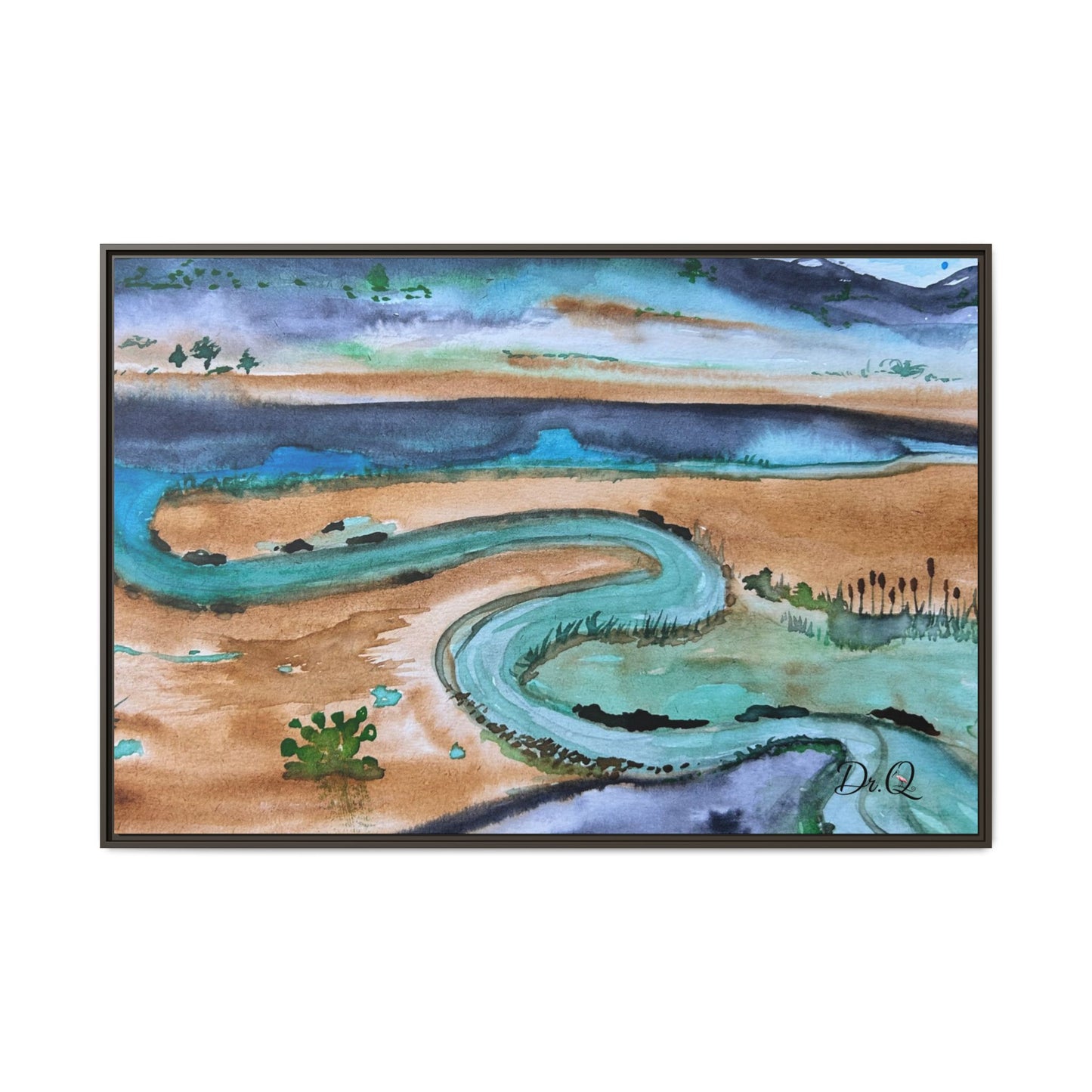 Winding River by Dr. Q - Framed Matte Canvas Watercolor Wall Art