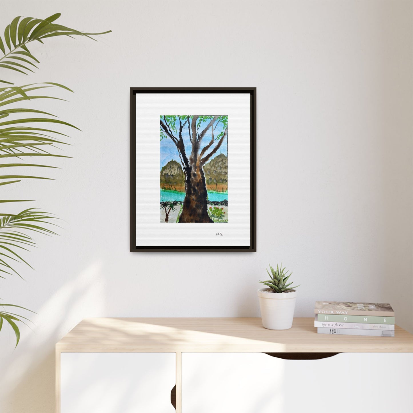 Tranquil Lakeside Tree Watercolor - Framed Matte Canvas Print by Dr. Q