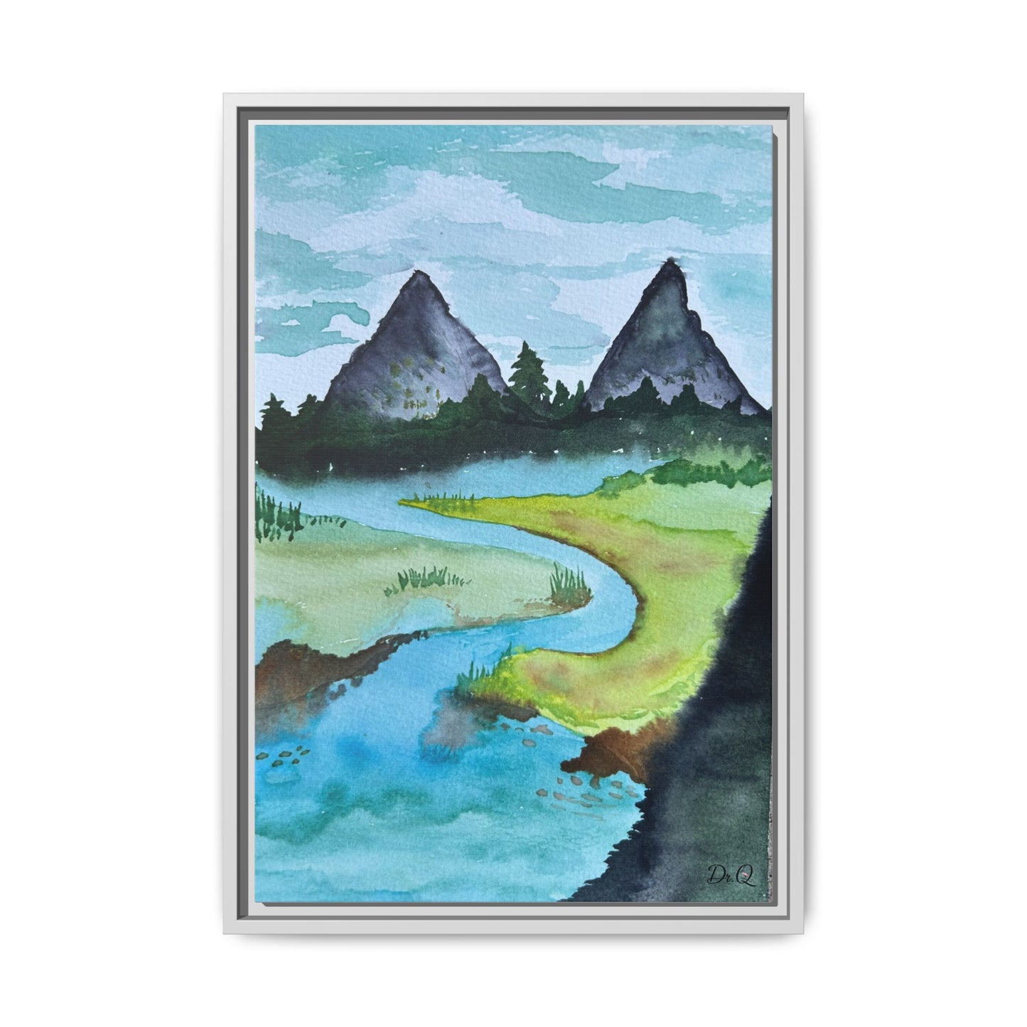 Mountain River Framed Canvas Watercolor Print by Dr. Q