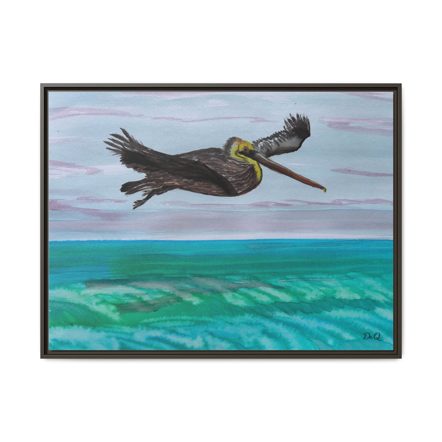 Brown Pelican Over Ocean Matte Framed Canvas Art