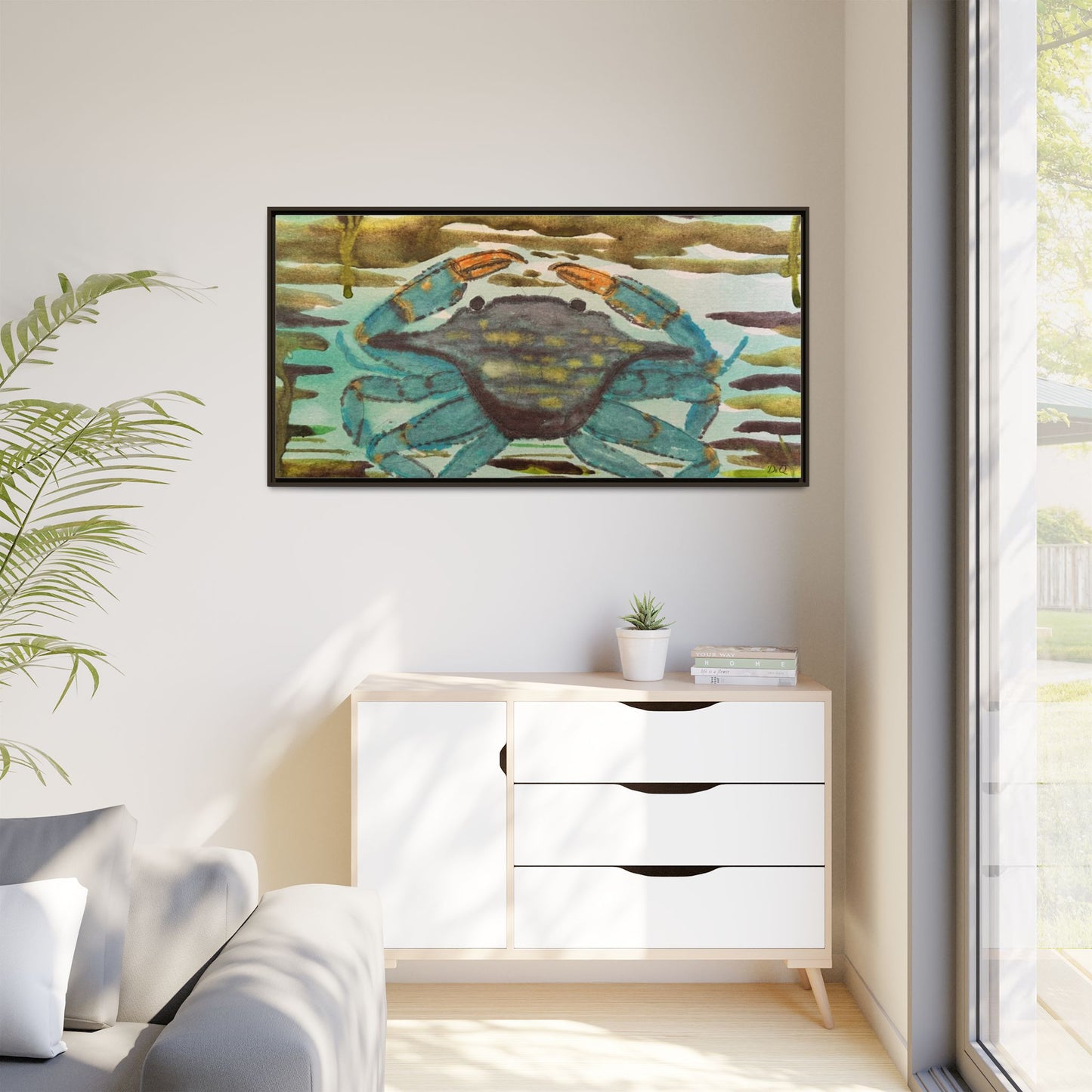 Blue Crab Coastal Art Print — Matte Framed Canvas