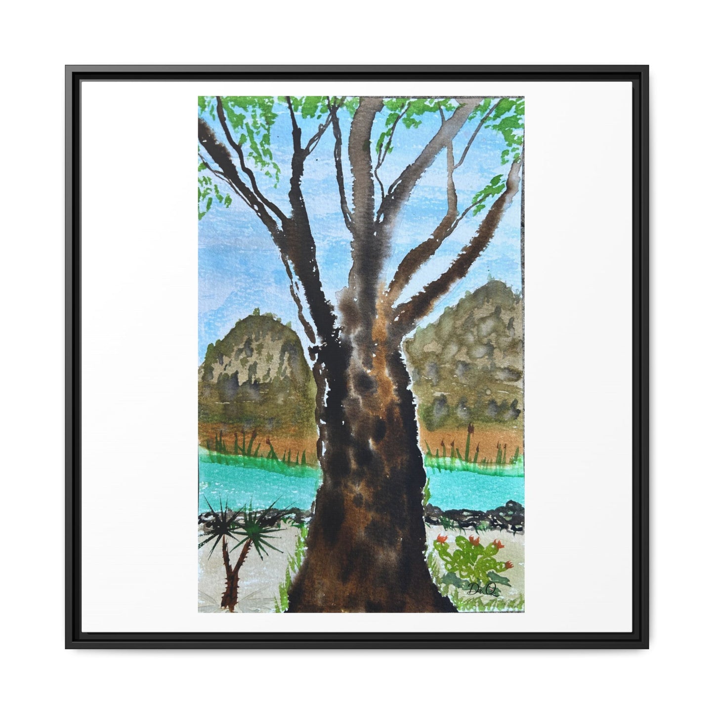 Tranquil Lakeside Tree Watercolor - Framed Matte Canvas Print by Dr. Q