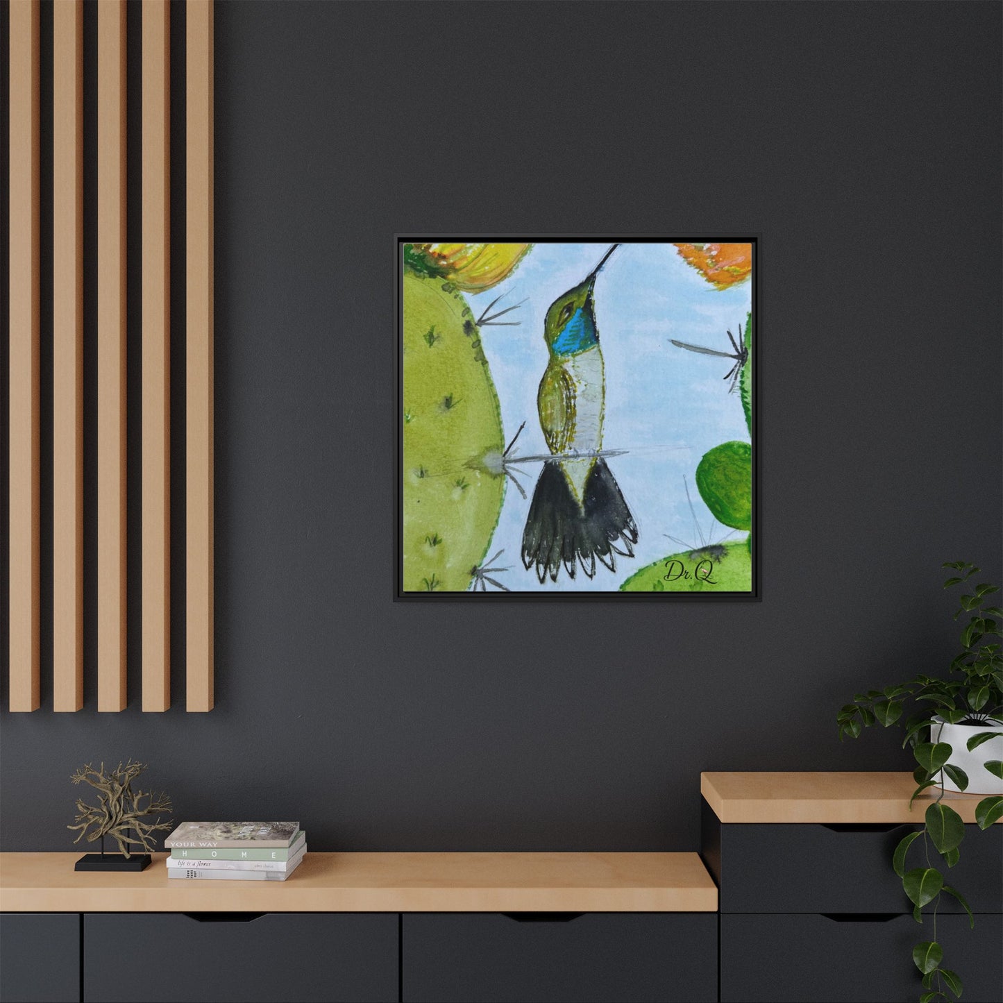 Framed Hummingbird Cactus Watercolor Print on Canvas by Dr. Q — Floral Desert Wall Art