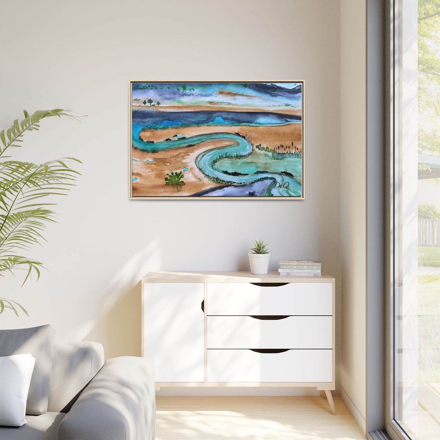 Winding River by Dr. Q - Framed Matte Canvas Watercolor Wall Art