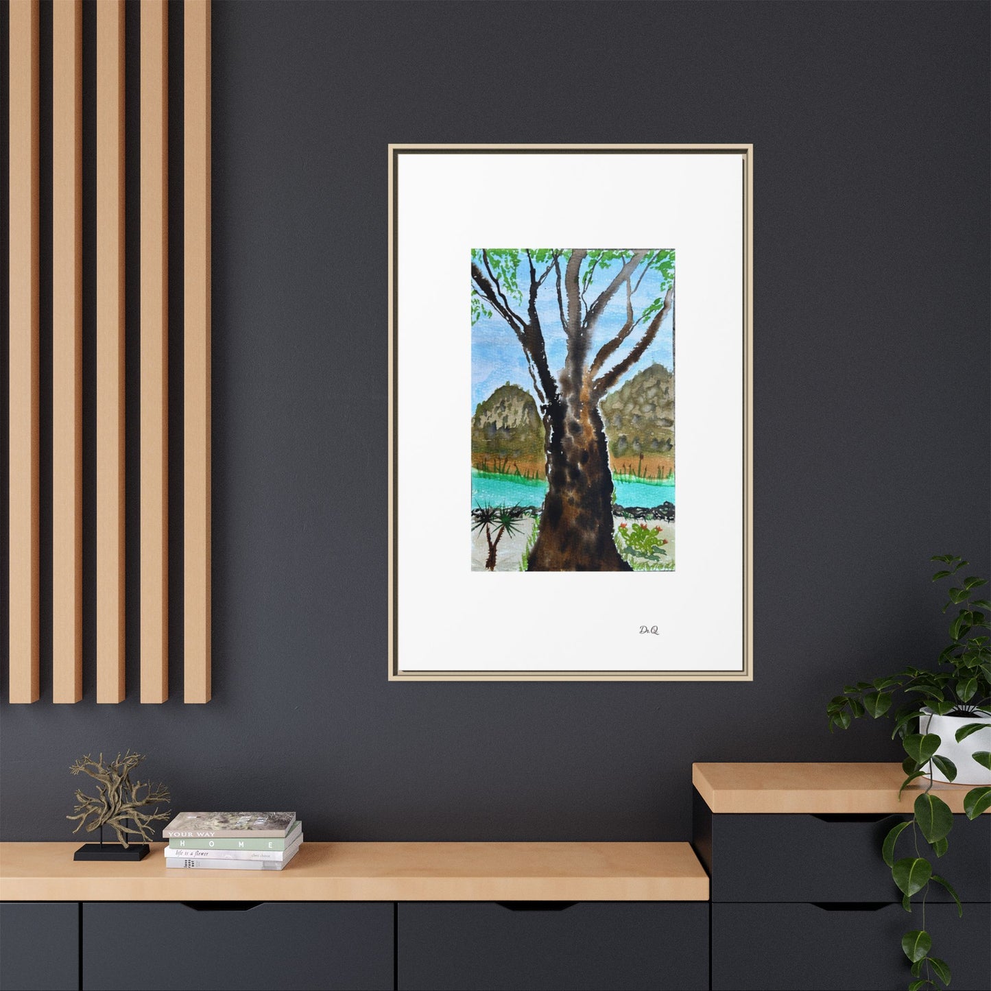Tranquil Lakeside Tree Watercolor - Framed Matte Canvas Print by Dr. Q