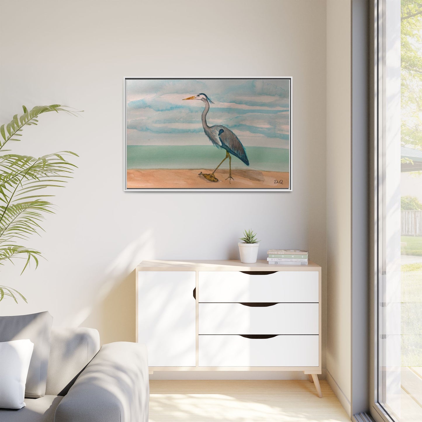 Framed Heron Beach Matte Canvas — Coastal Watercolor Wall Art