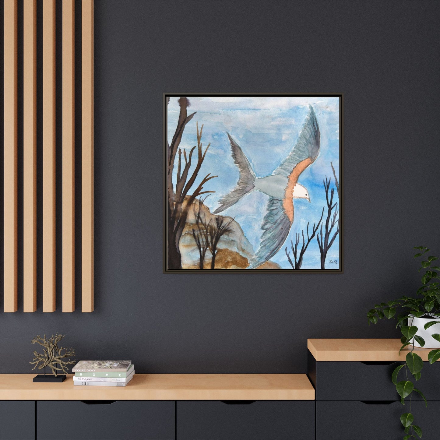 Framed Matte Canvas Wall Art — Soaring Seagull Coastal Print