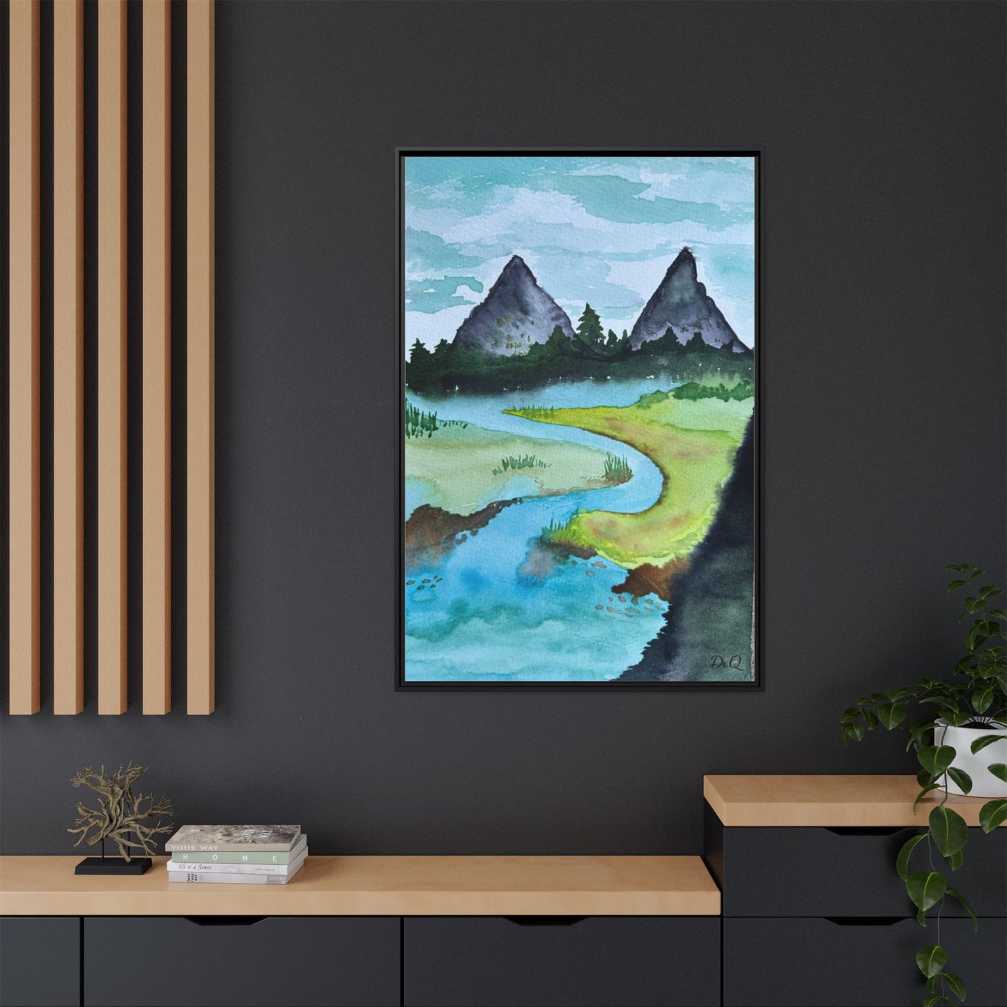 Mountain River Framed Canvas Watercolor Print by Dr. Q