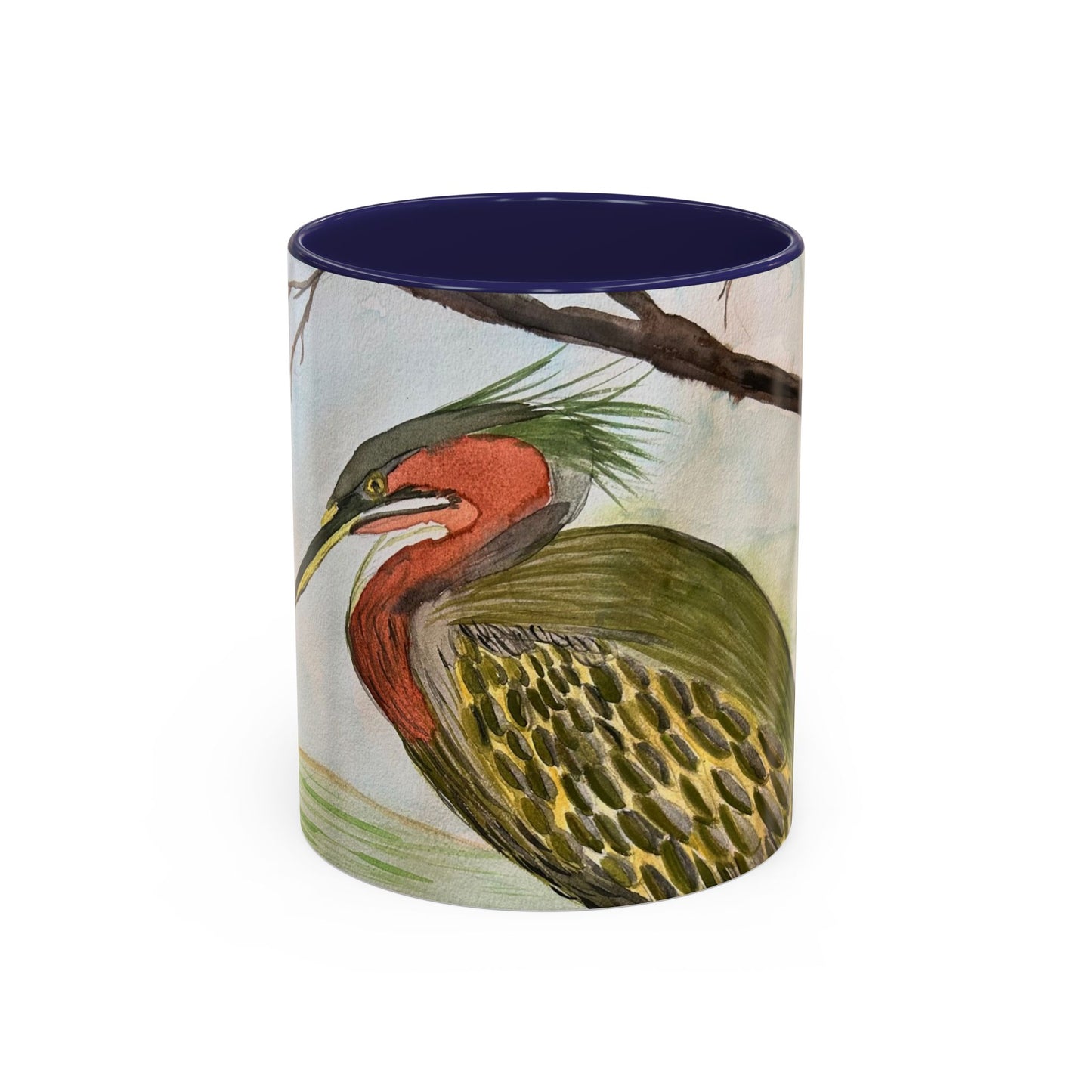 Green Heron Watercolor Accent Coffee Mug — Nature Bird Watercolor (11/15oz)