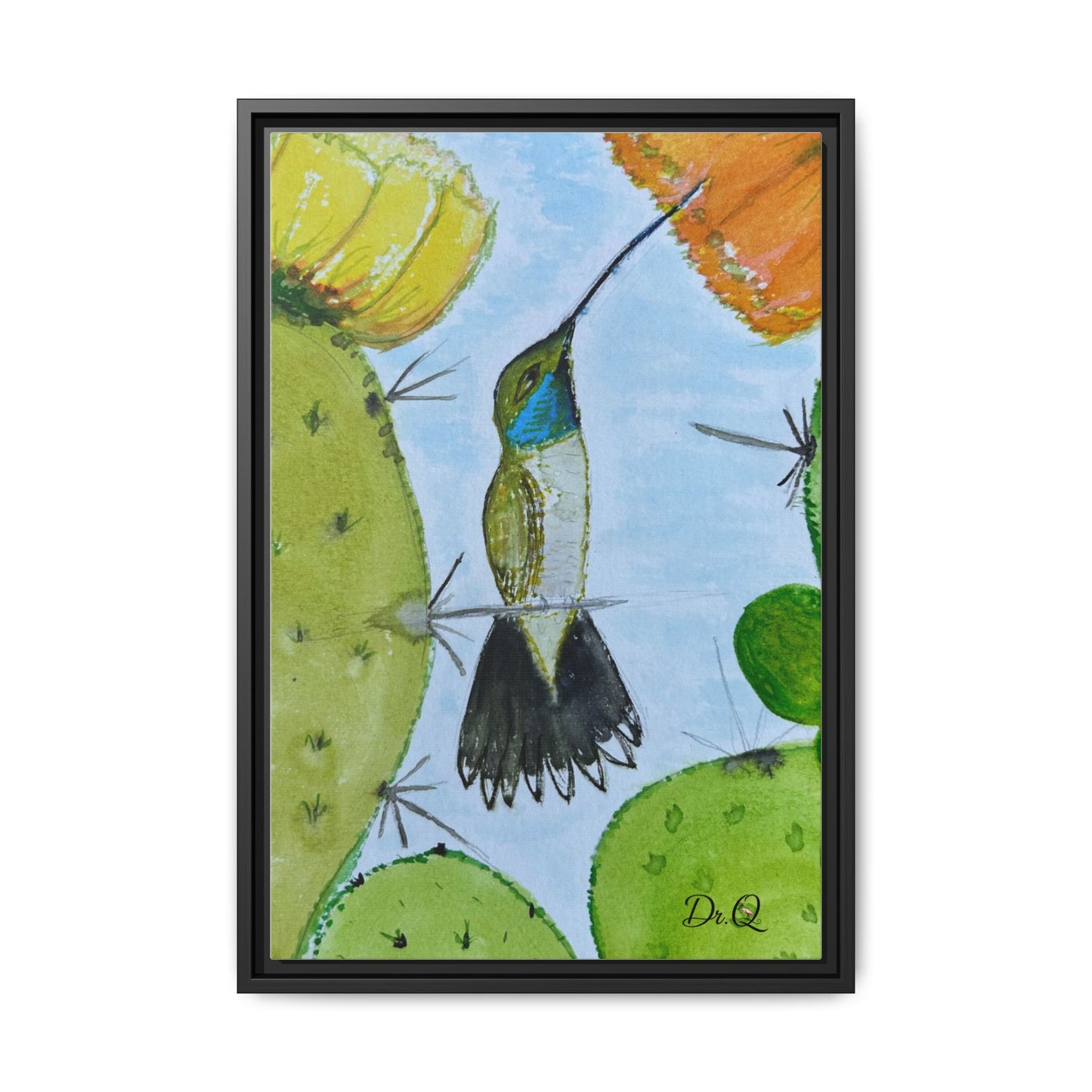 Framed Hummingbird Cactus Watercolor Print on Canvas by Dr. Q — Floral Desert Wall Art