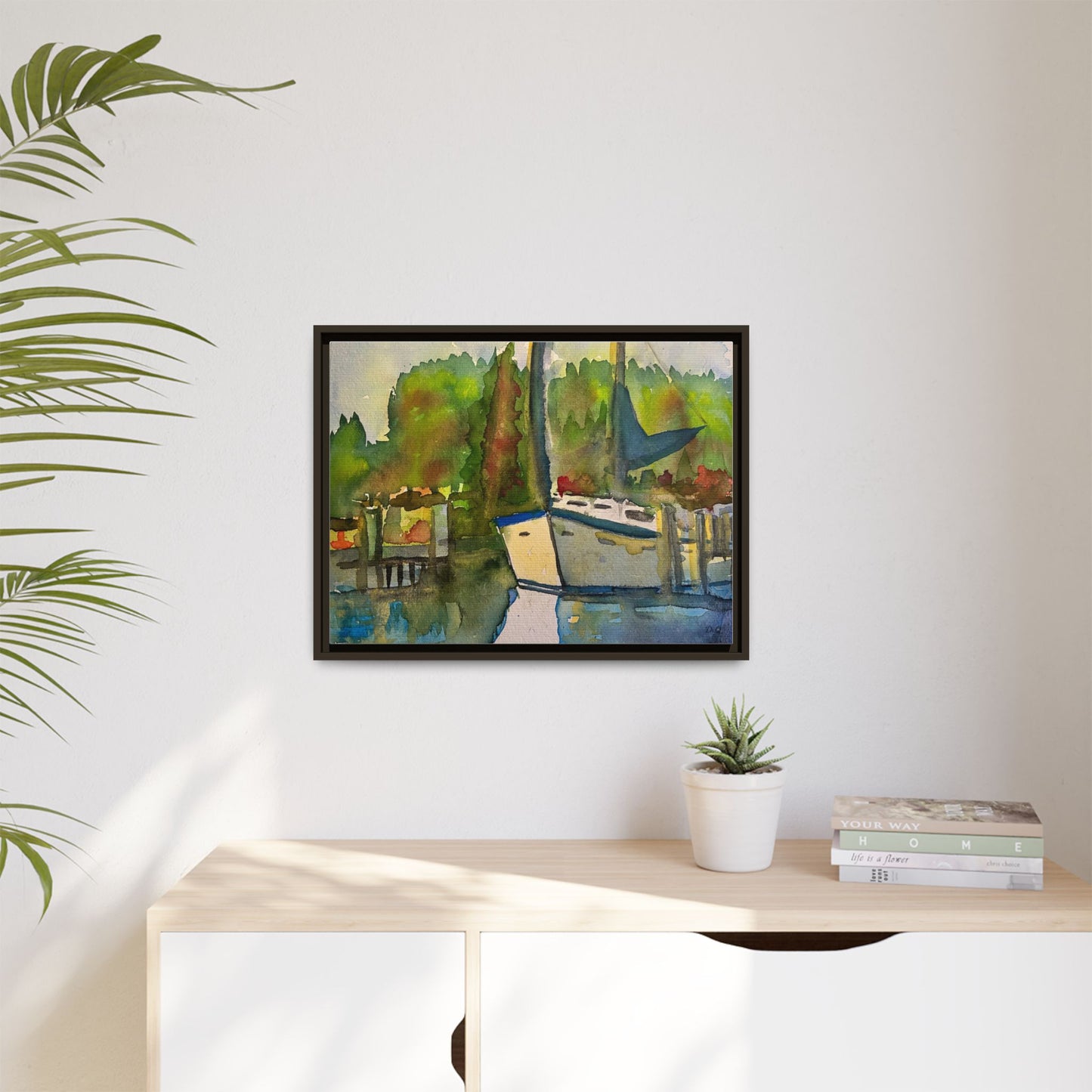 Sailboat Harbor Watercolor — Framed Matte Canvas Wall Art