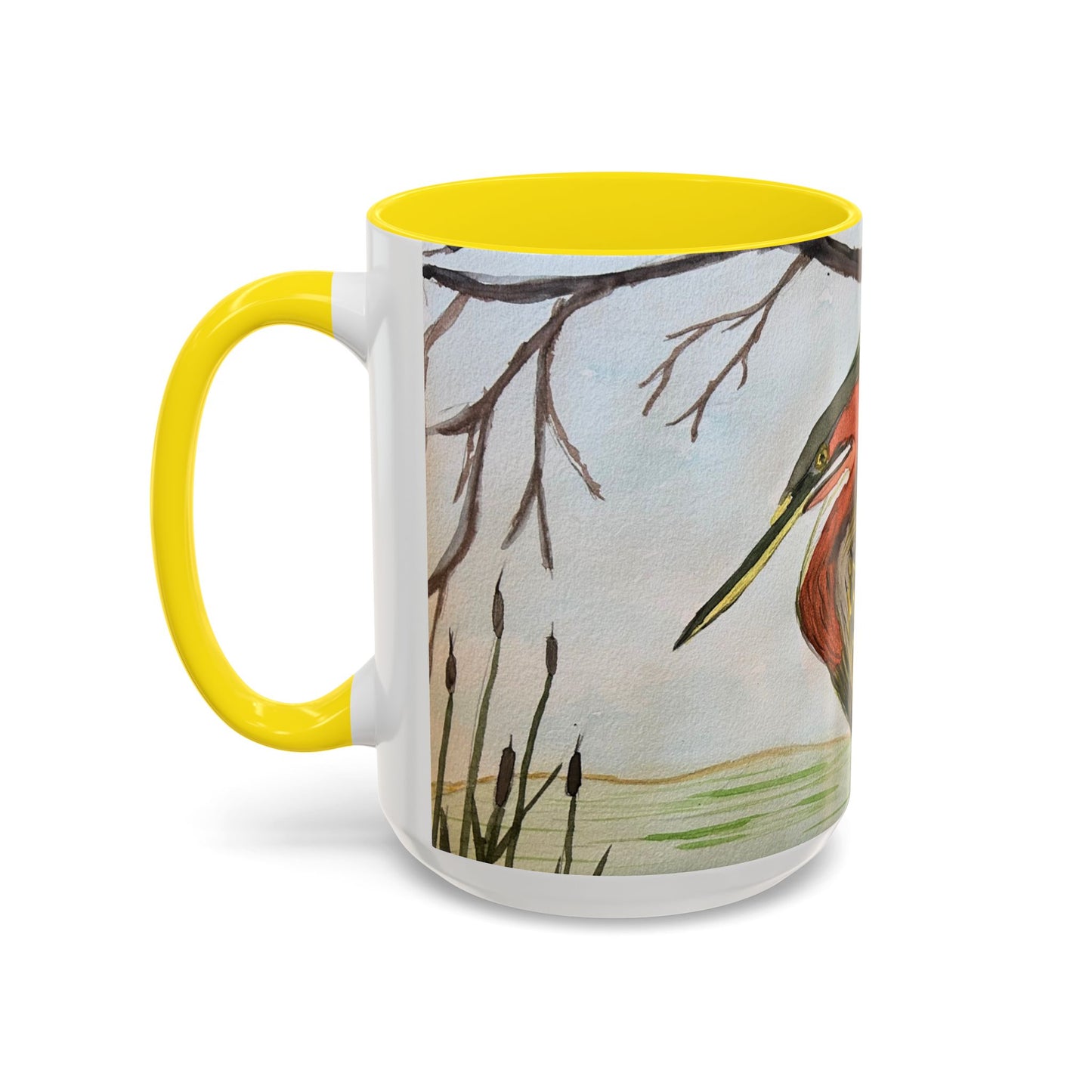 Green Heron Watercolor Accent Coffee Mug — Nature Bird Watercolor (11/15oz)