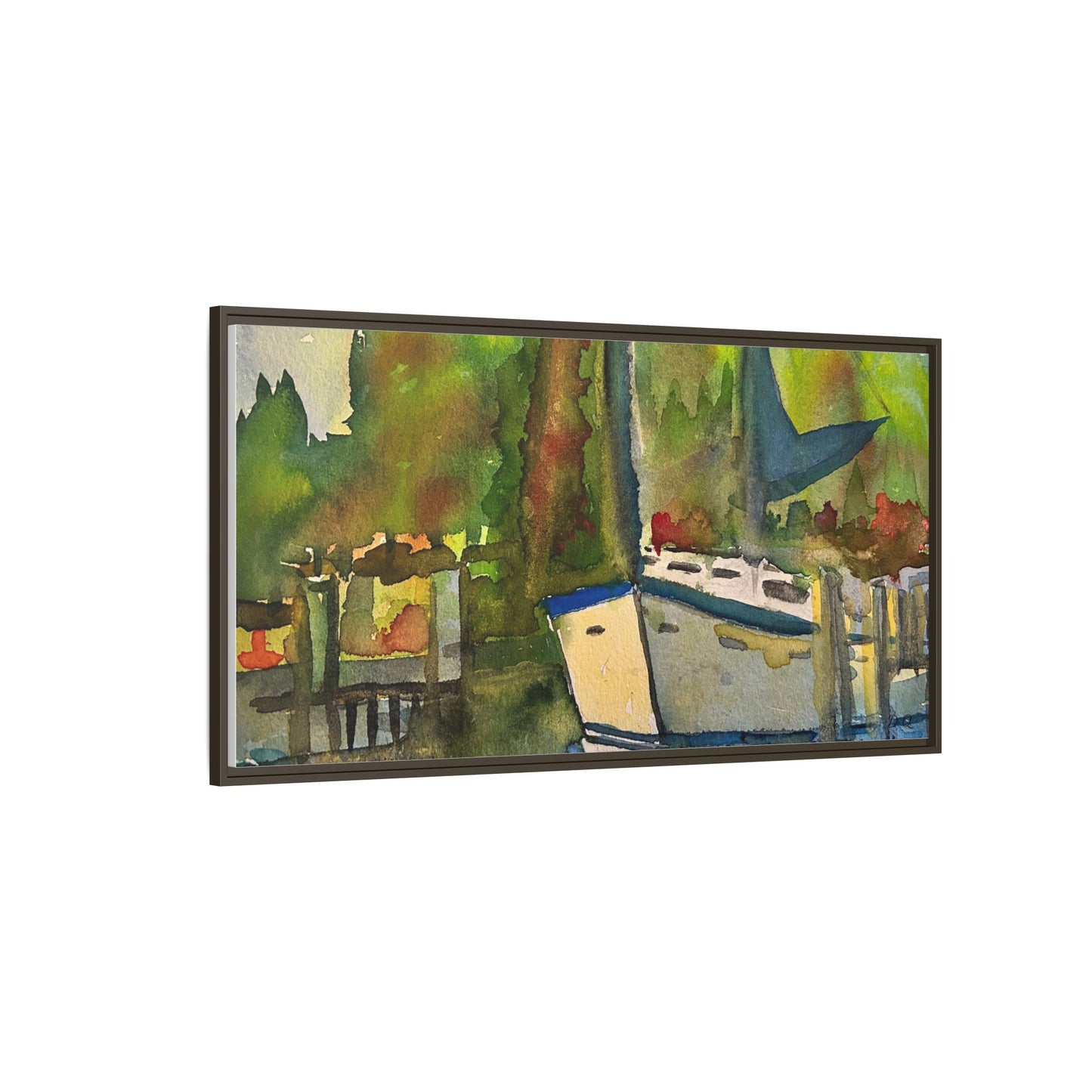 Sailboat Harbor Watercolor — Framed Matte Canvas Wall Art