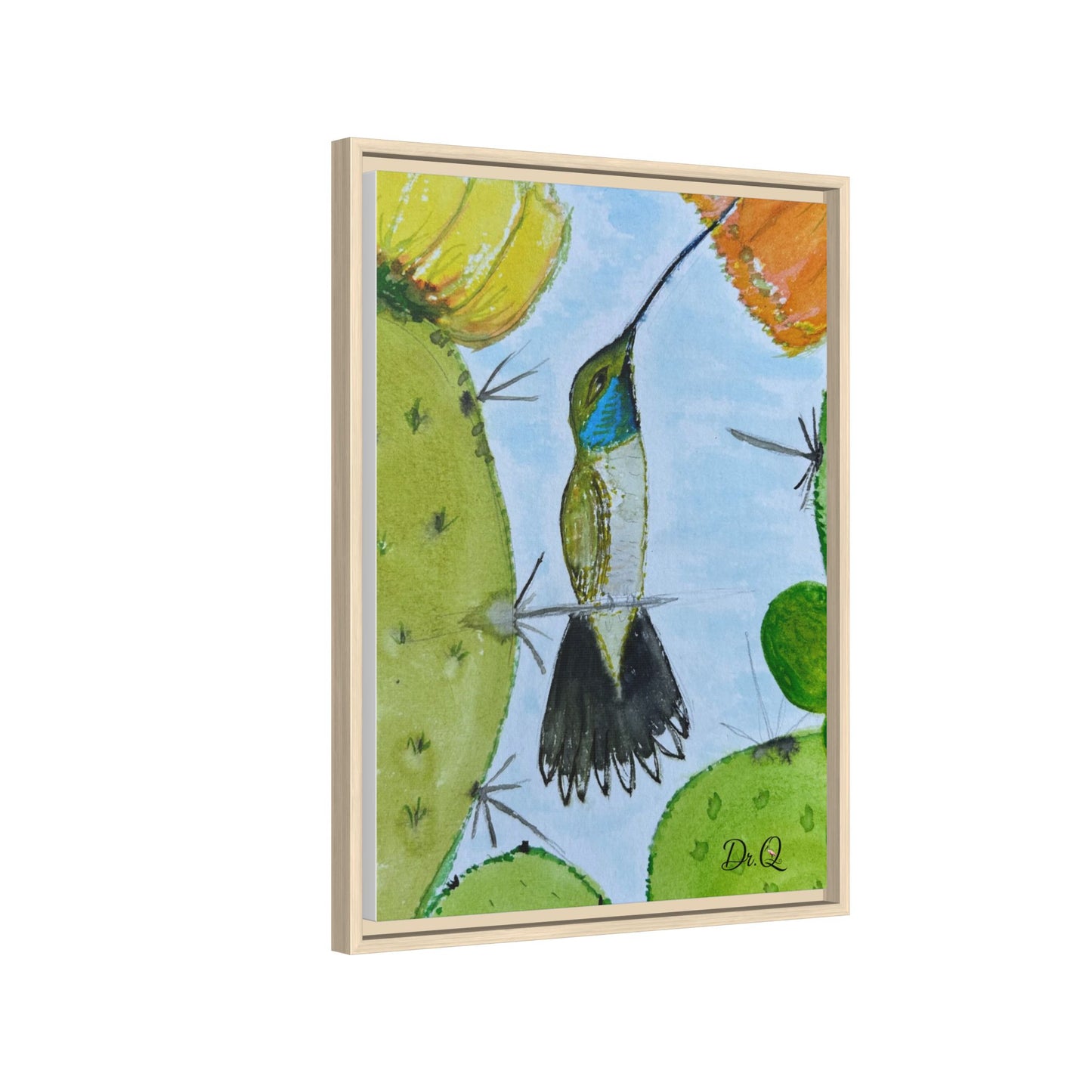 Framed Hummingbird Cactus Watercolor Print on Canvas by Dr. Q — Floral Desert Wall Art