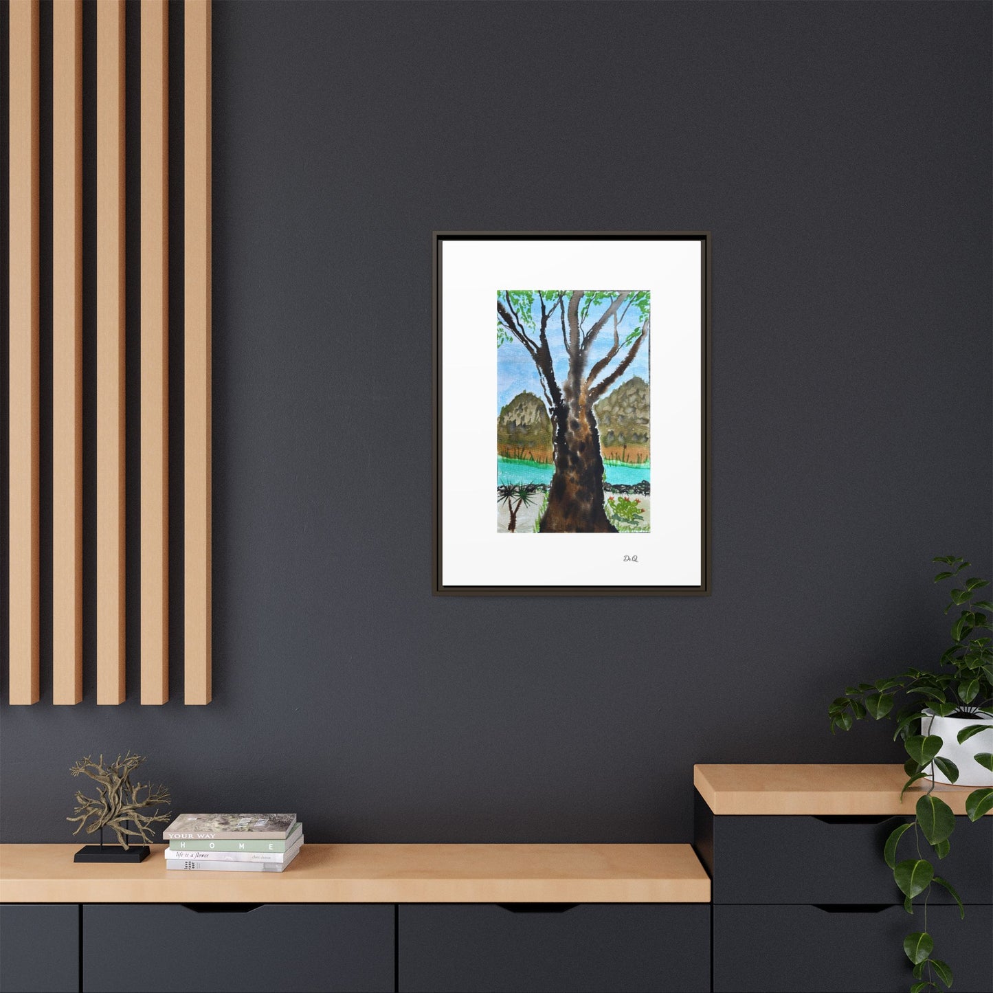 Tranquil Lakeside Tree Watercolor - Framed Matte Canvas Print by Dr. Q