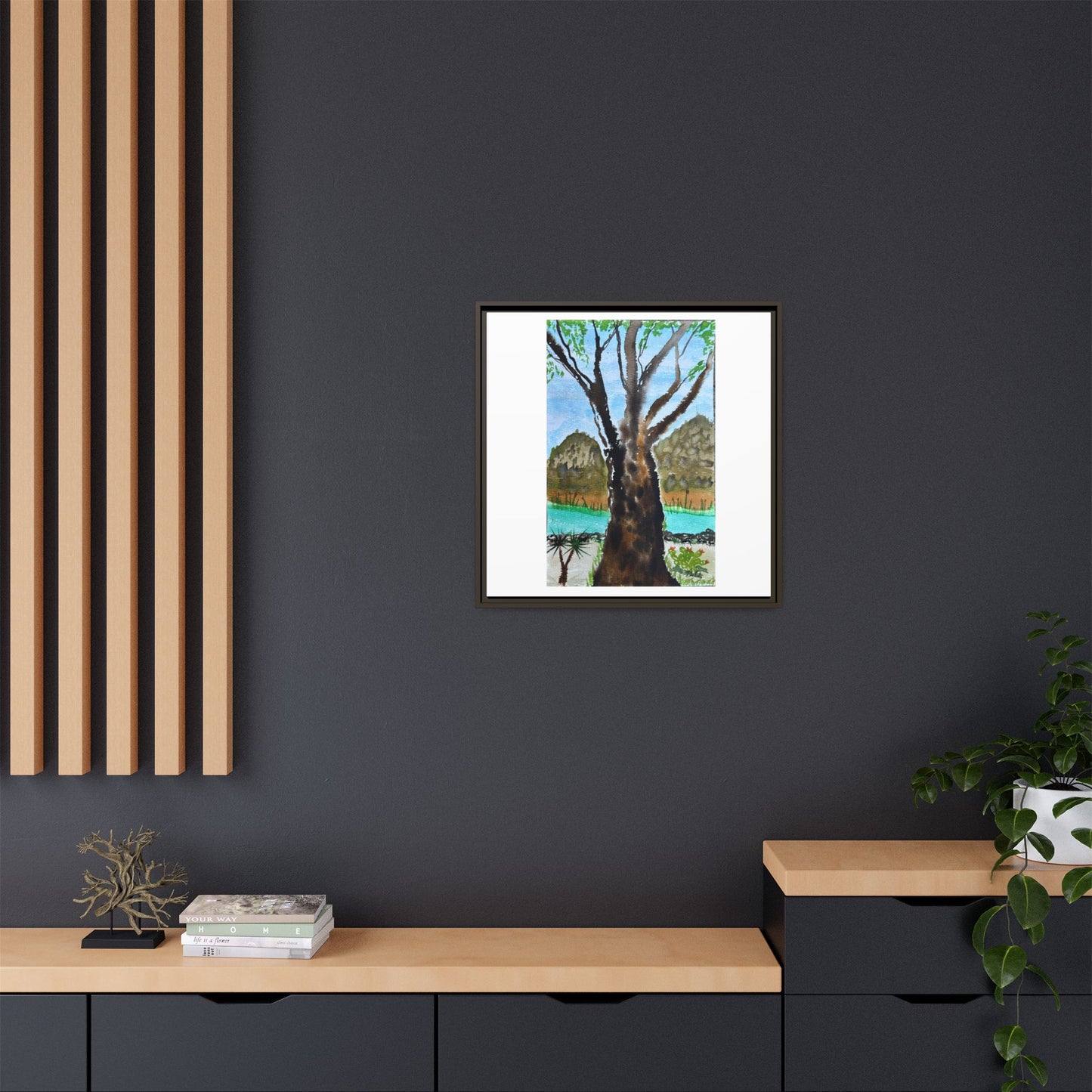 Tranquil Lakeside Tree Watercolor - Framed Matte Canvas Print by Dr. Q