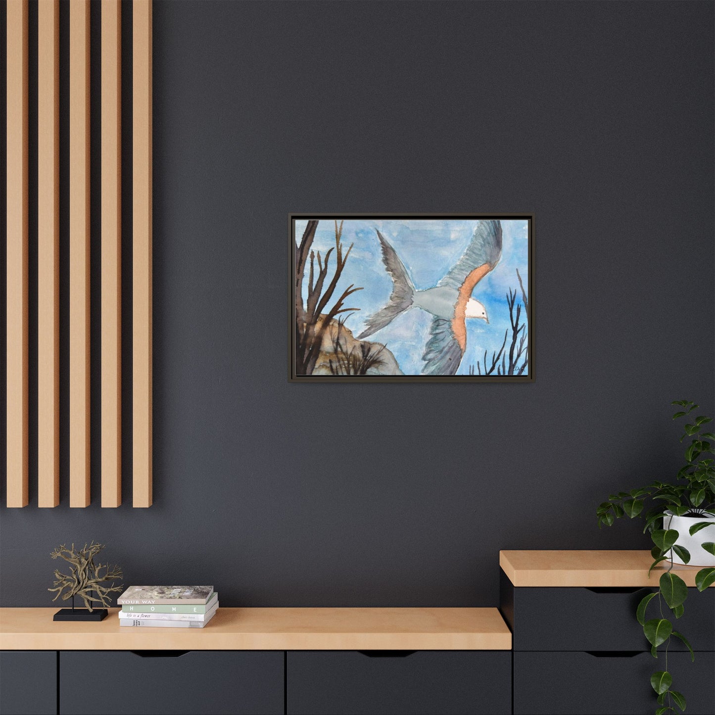 Framed Matte Canvas Wall Art — Soaring Seagull Coastal Print