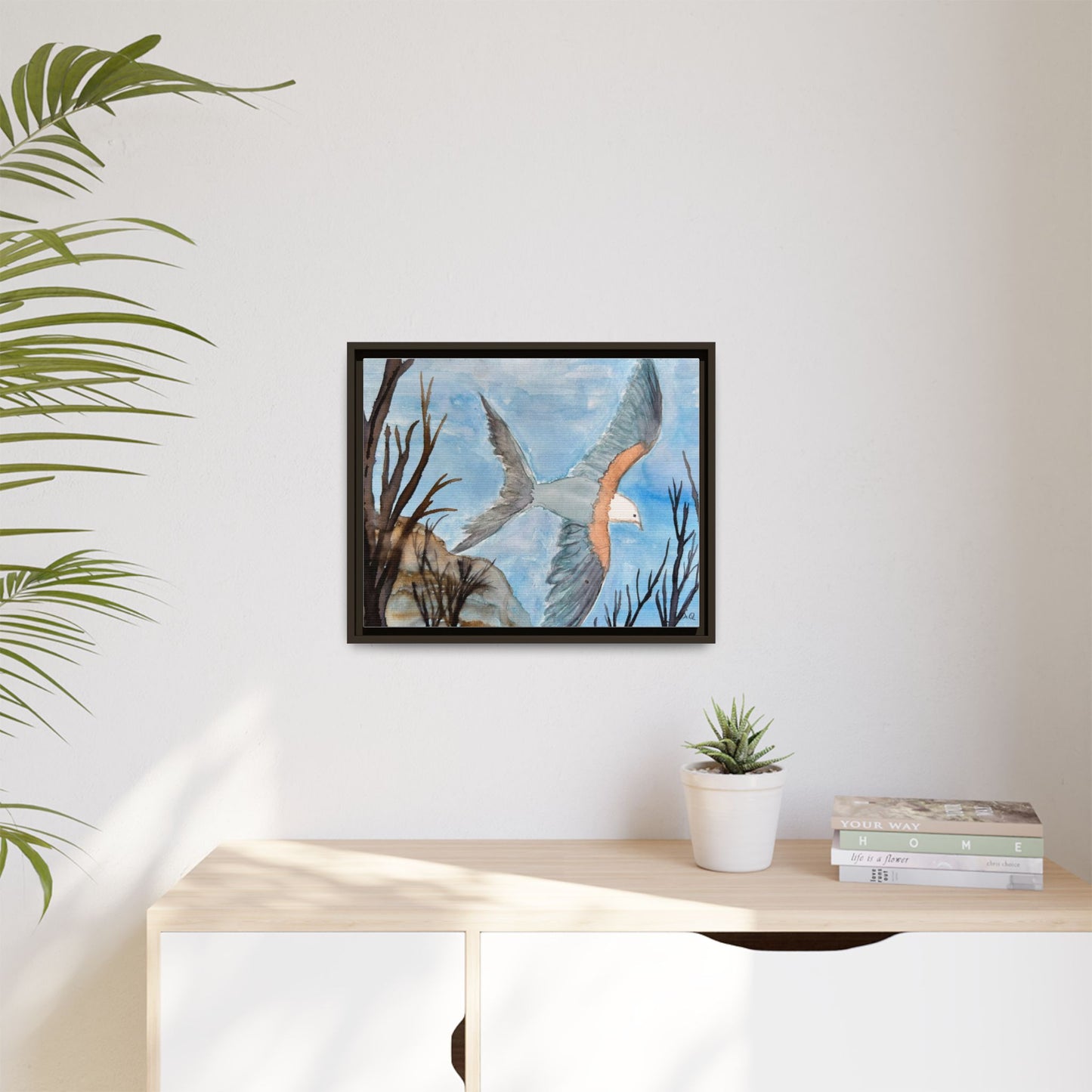 Framed Matte Canvas Wall Art — Soaring Seagull Coastal Print