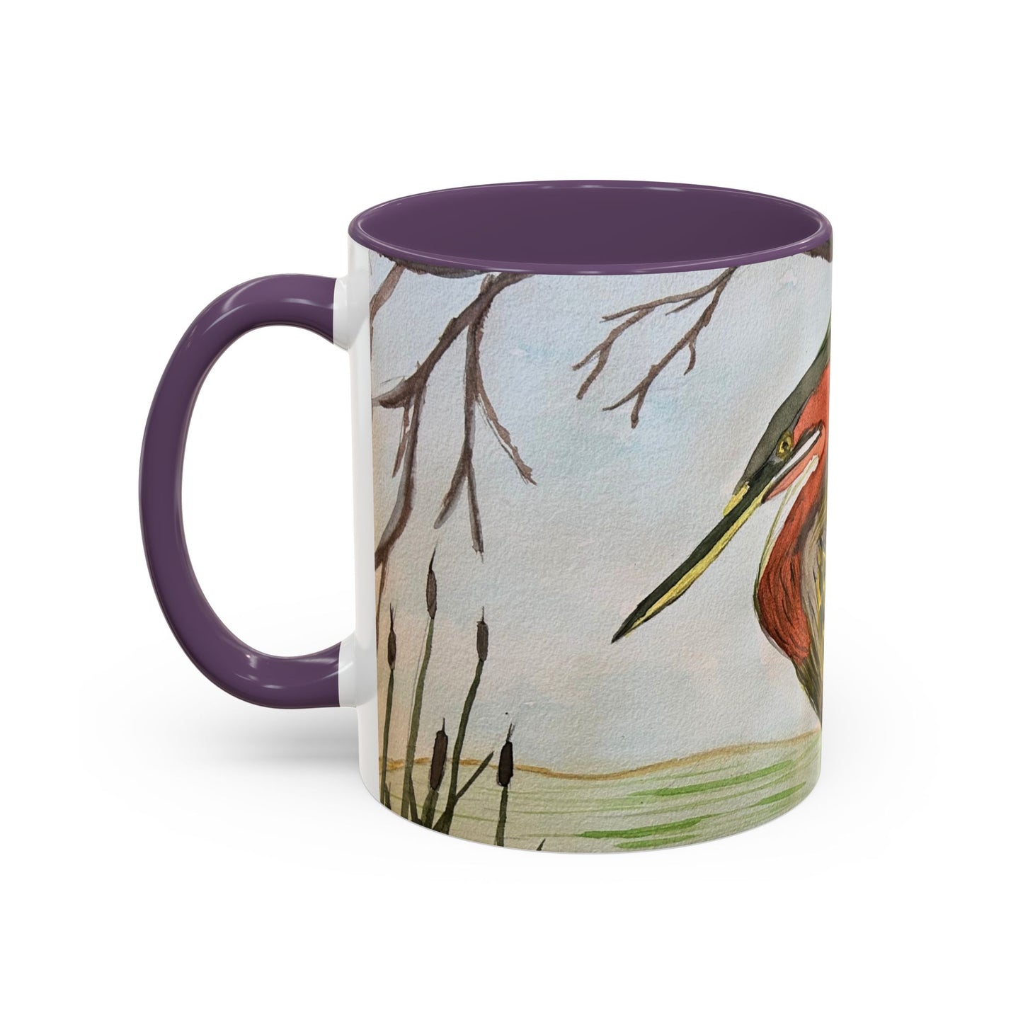 Green Heron Watercolor Accent Coffee Mug — Nature Bird Watercolor (11/15oz)