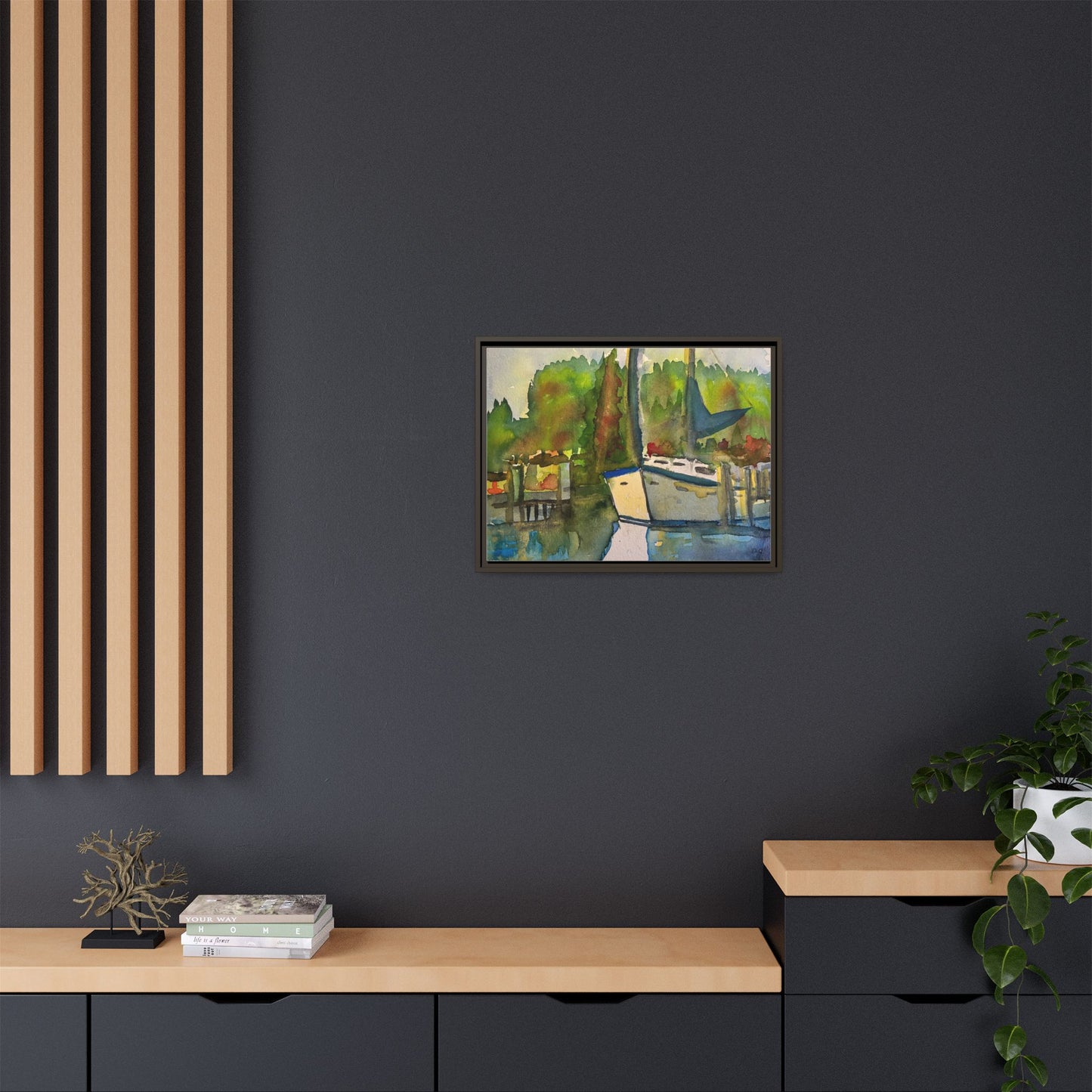 Sailboat Harbor Watercolor — Framed Matte Canvas Wall Art