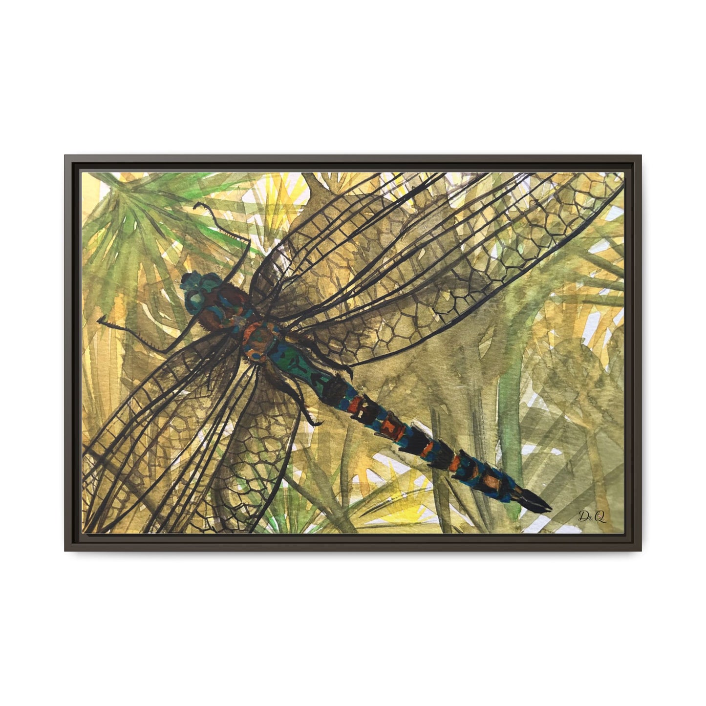 Dragonfly Framed Canvas Art — Botanical Watercolor Wall Decor