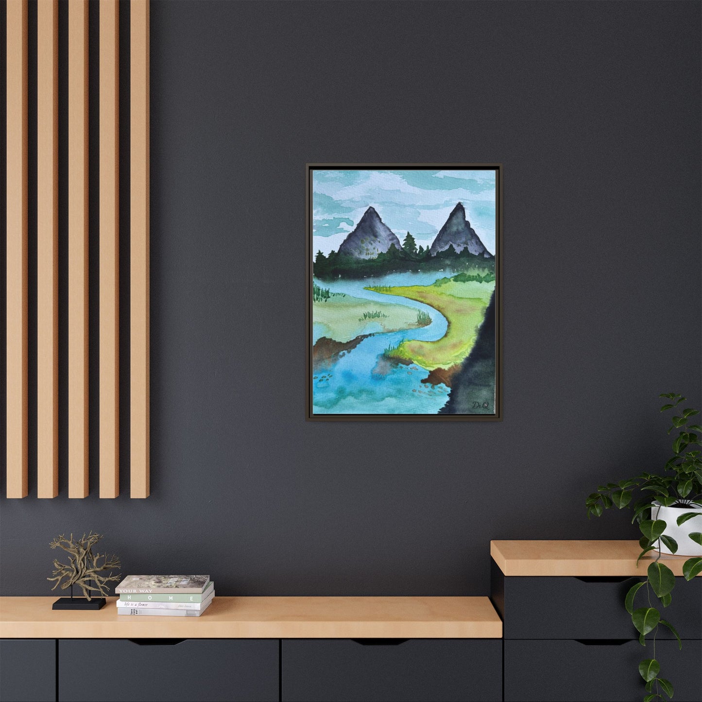 Mountain River Framed Canvas Watercolor Print by Dr. Q
