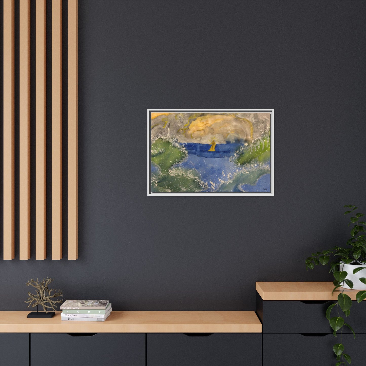 "Faith in the Storm" Framed Matte Canvas Seascape — Golden Sail at Sunset