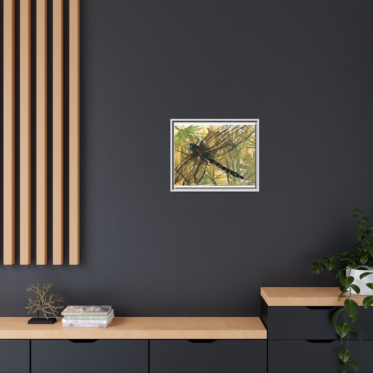 Dragonfly Framed Canvas Art — Botanical Watercolor Wall Decor