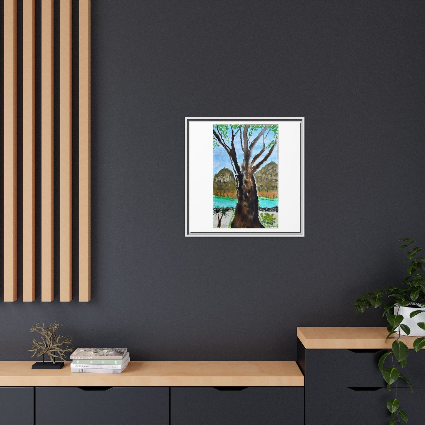 Tranquil Lakeside Tree Watercolor - Framed Matte Canvas Print by Dr. Q