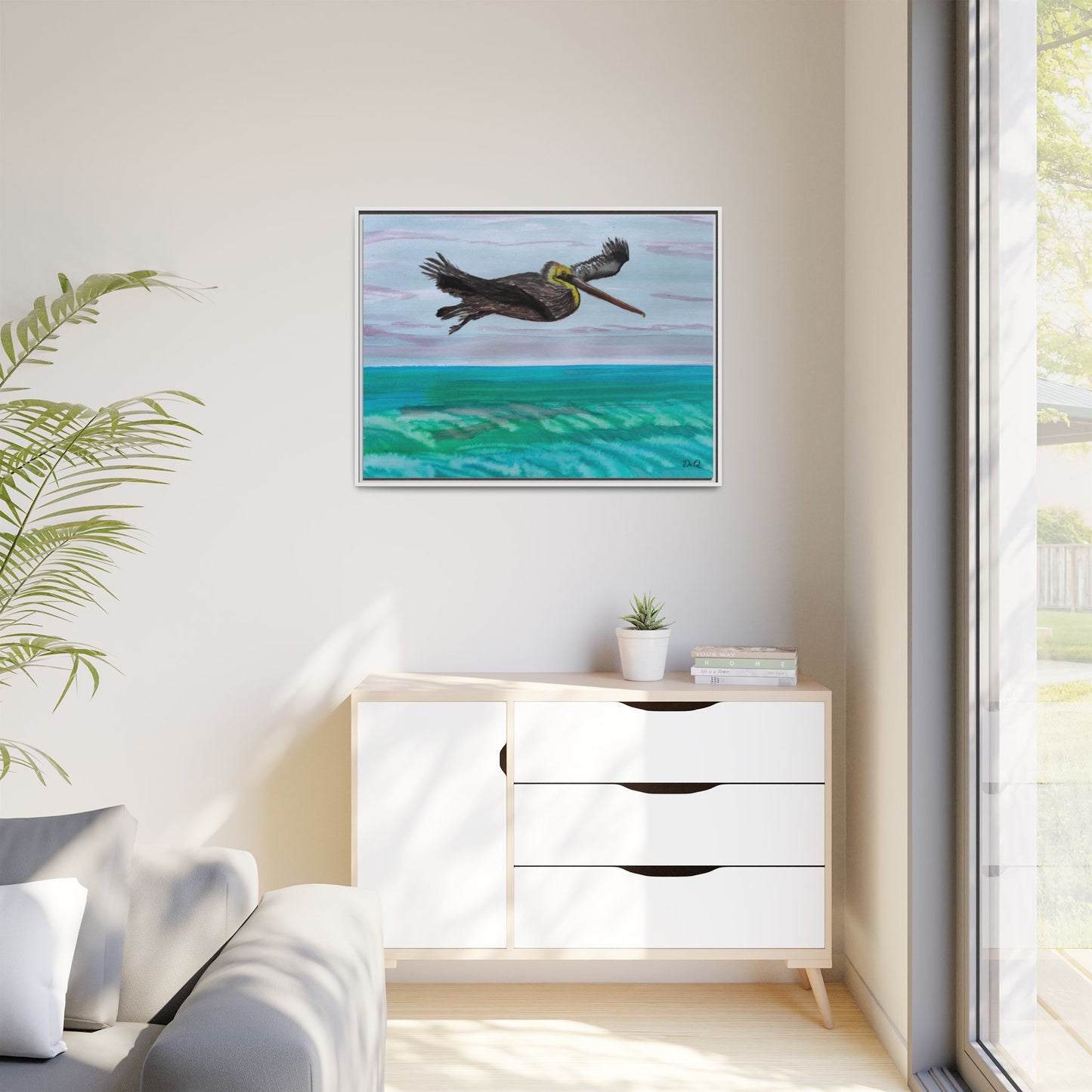 Brown Pelican Over Ocean Matte Framed Canvas Art