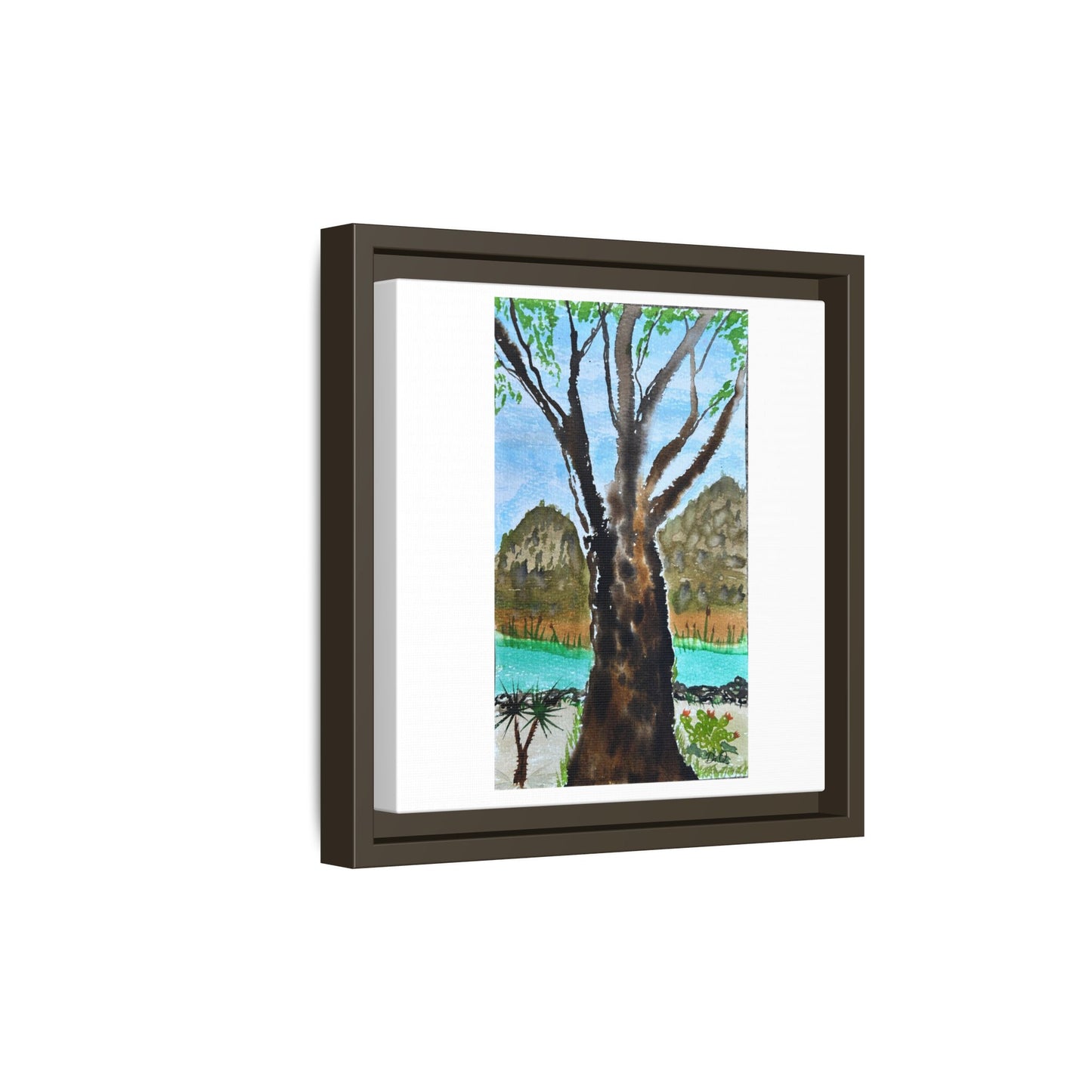 Tranquil Lakeside Tree Watercolor - Framed Matte Canvas Print by Dr. Q