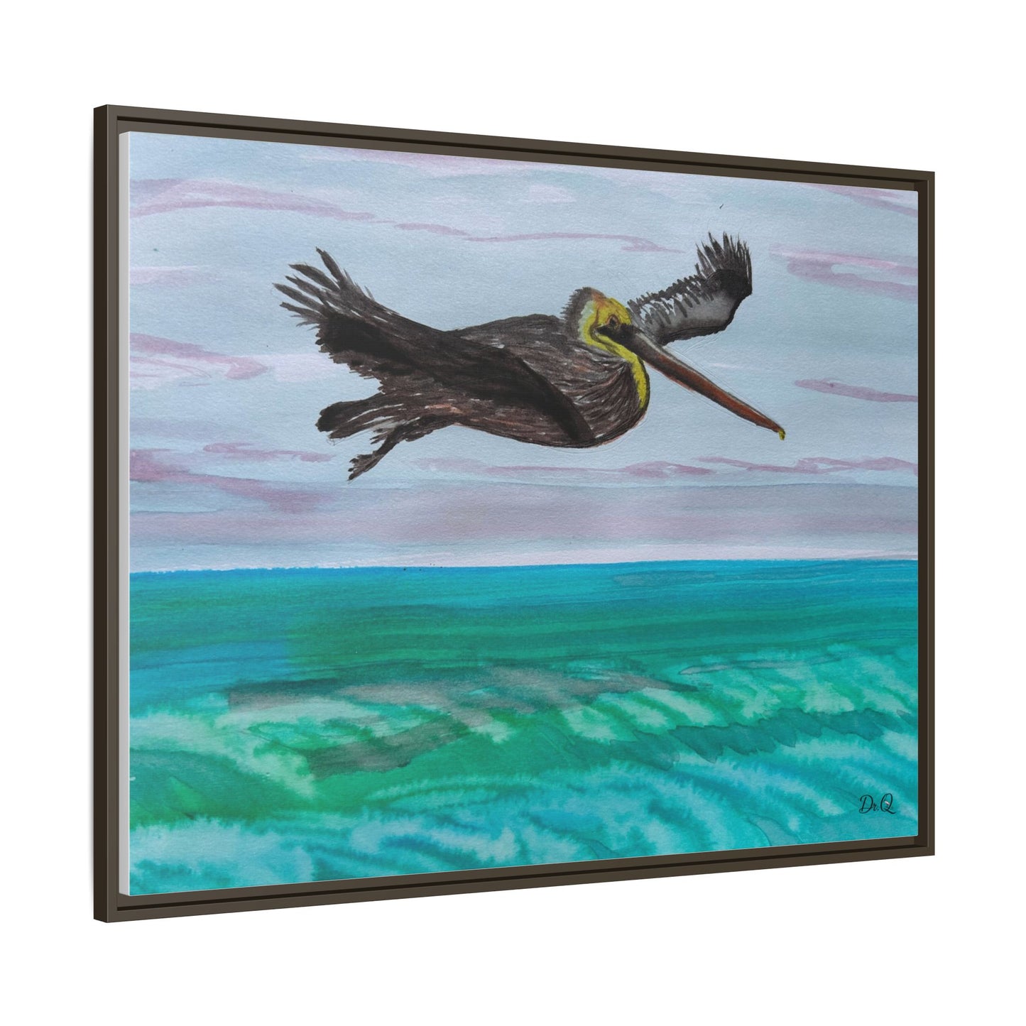 Brown Pelican Over Ocean Matte Framed Canvas Art