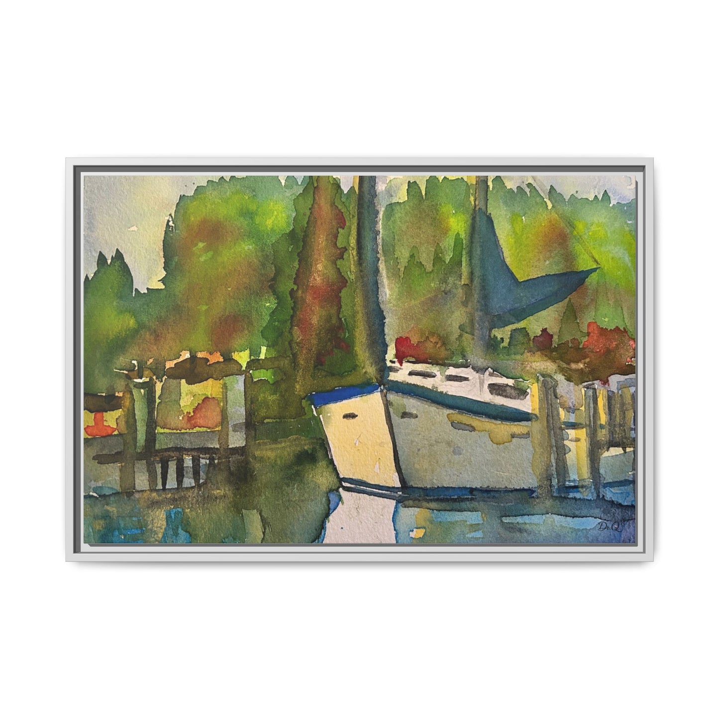 Sailboat Harbor Watercolor — Framed Matte Canvas Wall Art