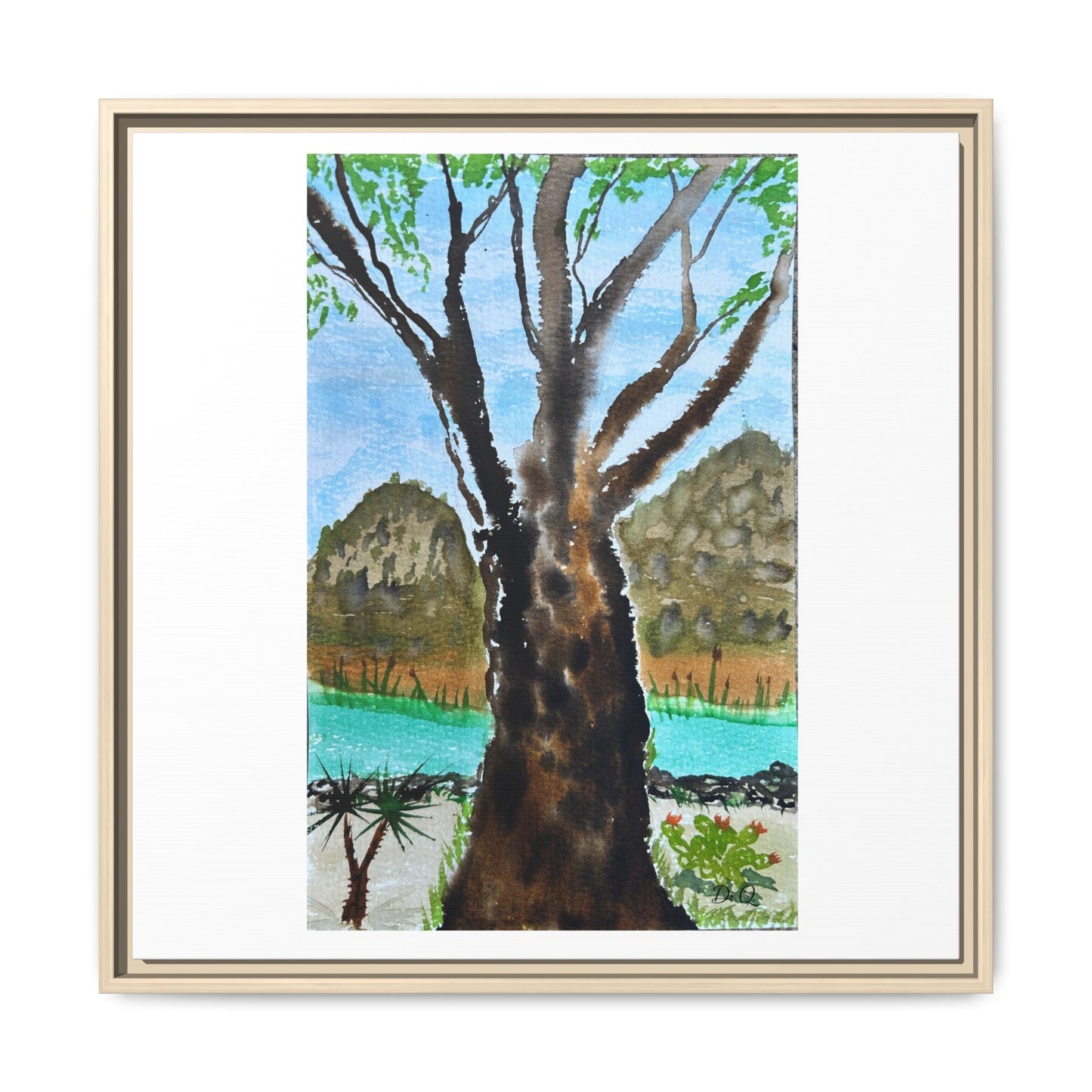 Tranquil Lakeside Tree Watercolor - Framed Matte Canvas Print by Dr. Q