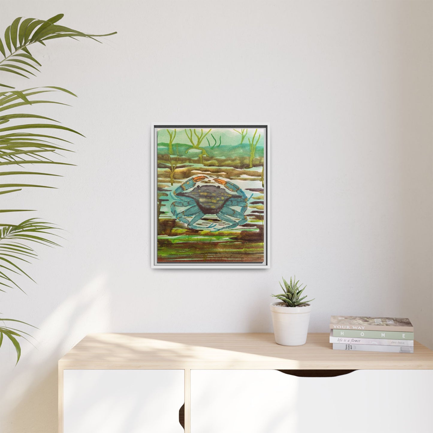 Blue Crab Coastal Art Print — Matte Framed Canvas