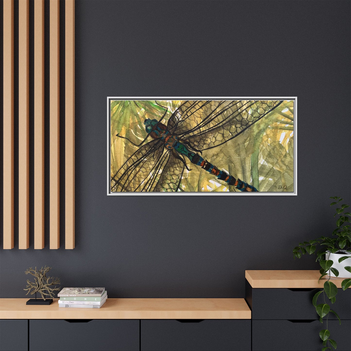 Dragonfly Framed Canvas Art — Botanical Watercolor Wall Decor