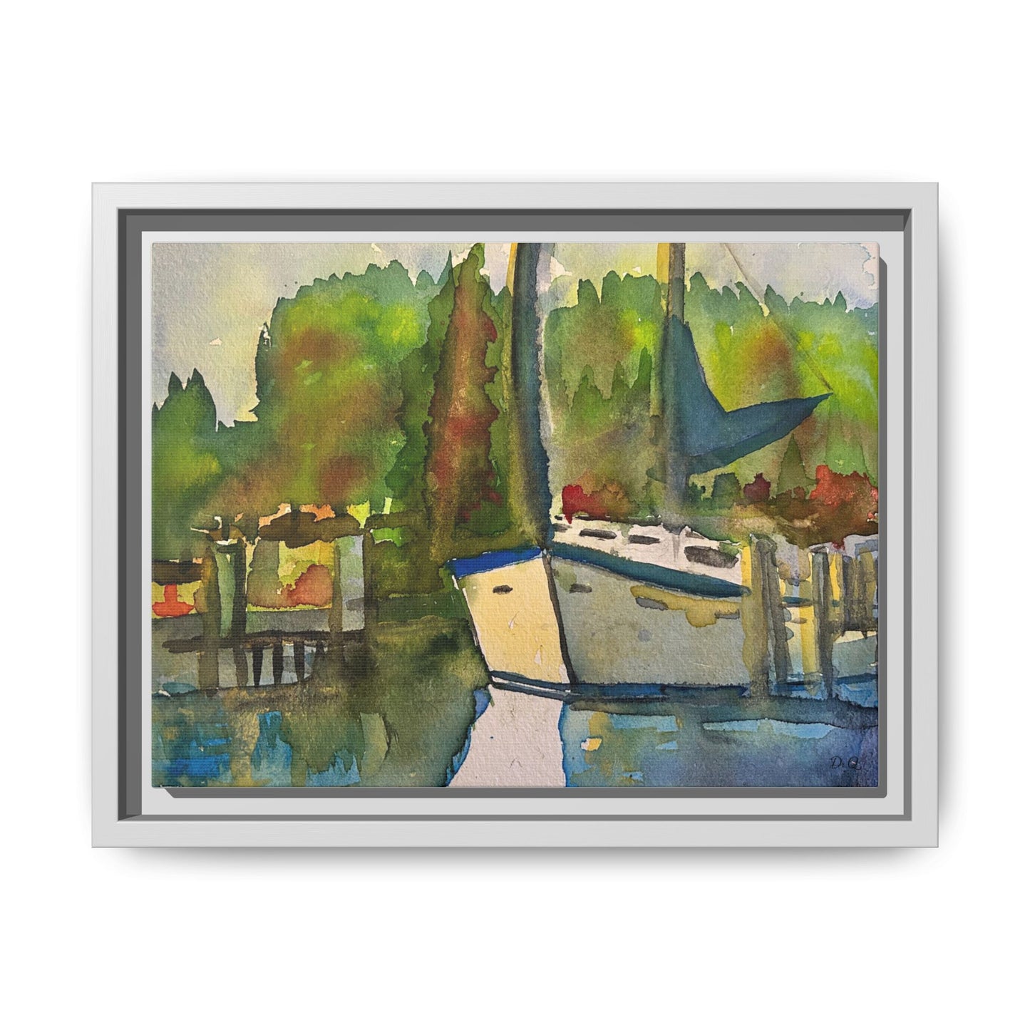 Sailboat Harbor Watercolor — Framed Matte Canvas Wall Art