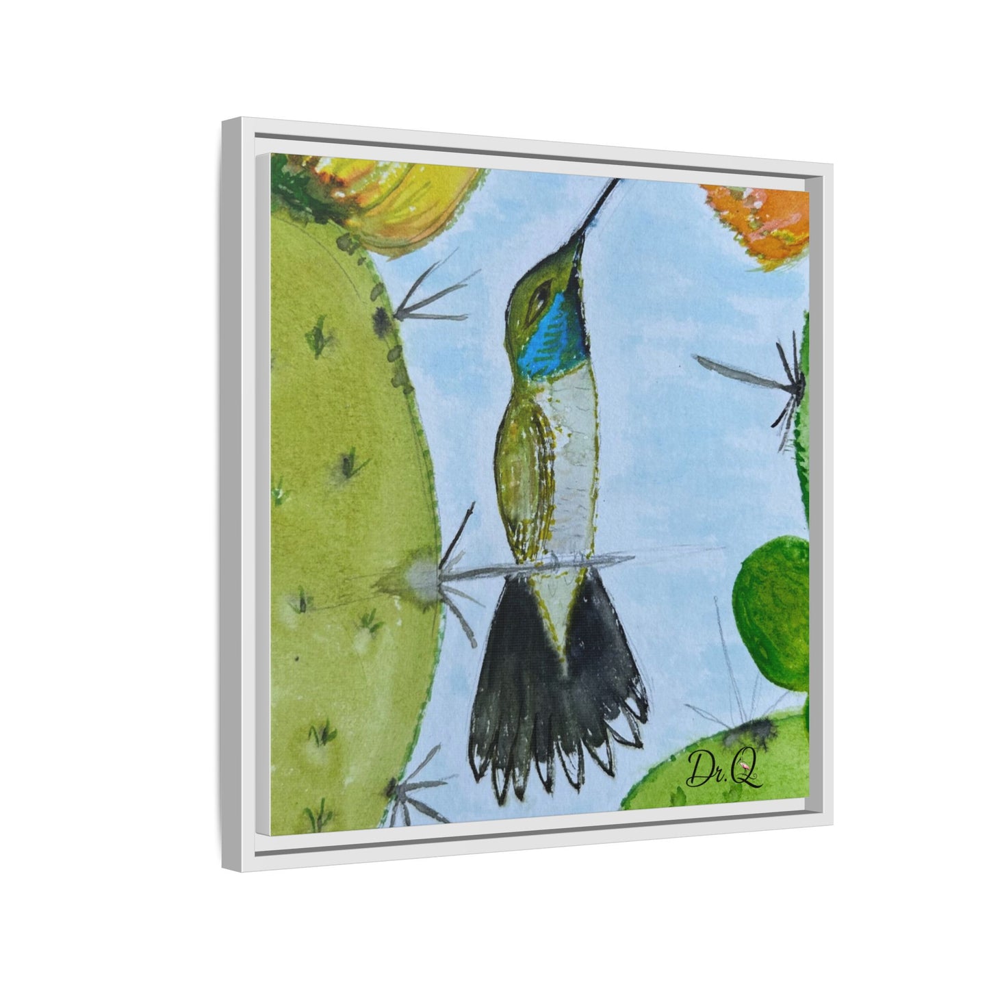 Framed Hummingbird Cactus Watercolor Print on Canvas by Dr. Q — Floral Desert Wall Art