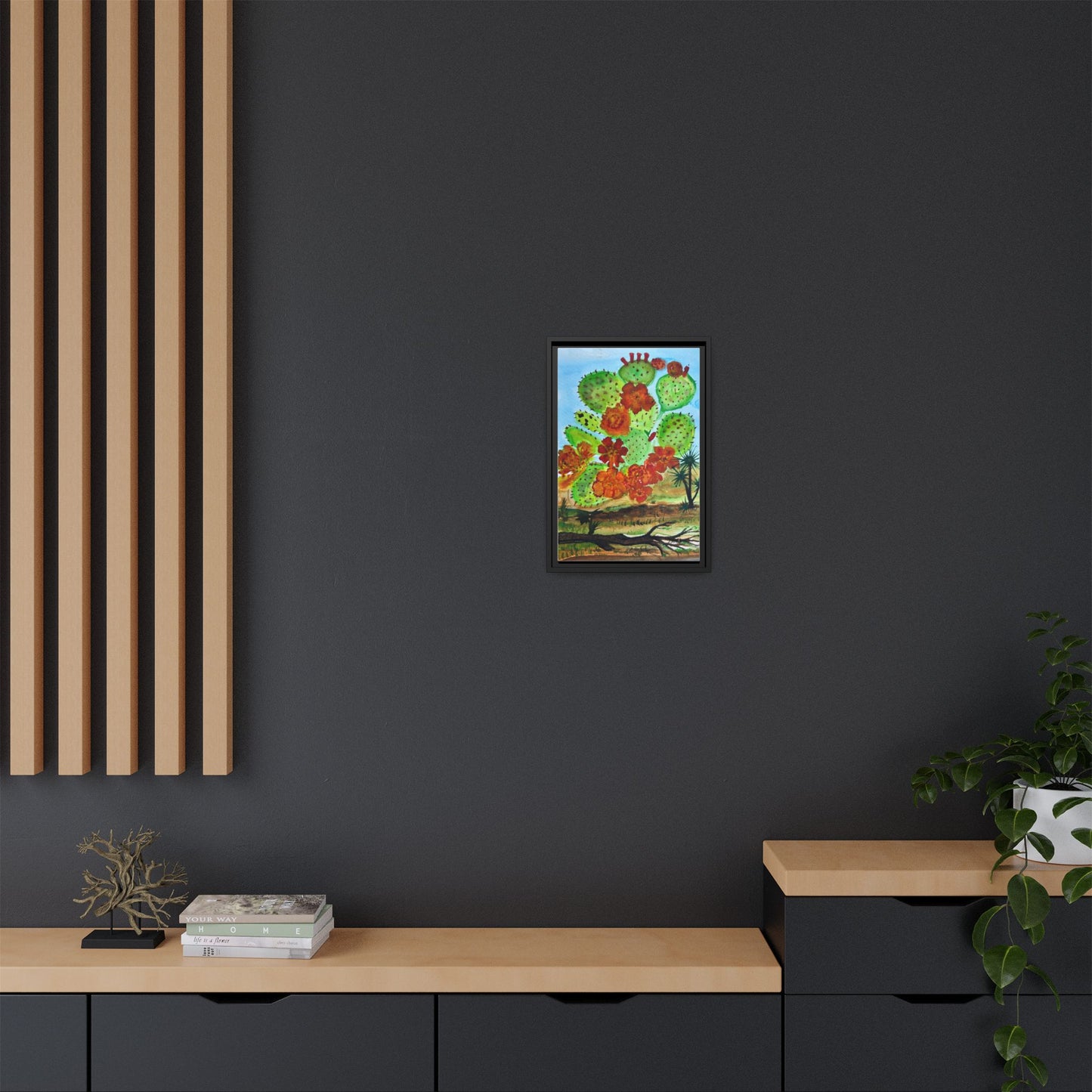 Prickly Pear Cactus Framed Canvas Print — Vertical Botanical Wall Art