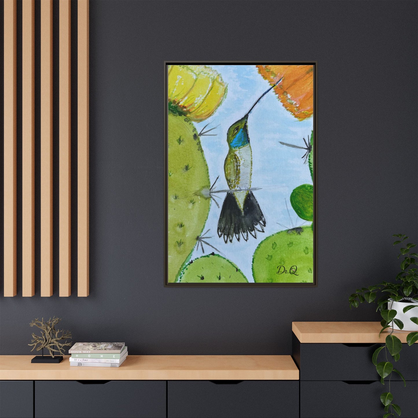 Framed Hummingbird Cactus Watercolor Print on Canvas by Dr. Q — Floral Desert Wall Art