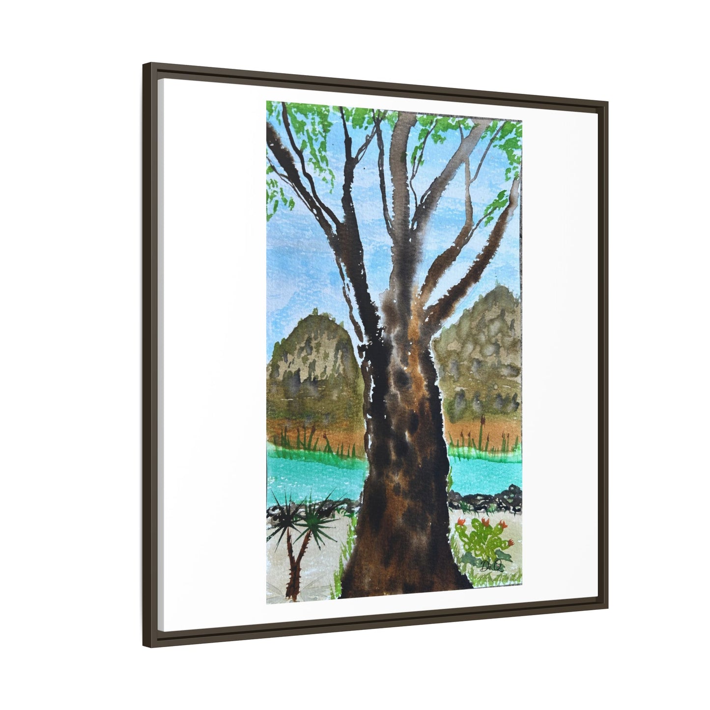 Tranquil Lakeside Tree Watercolor - Framed Matte Canvas Print by Dr. Q