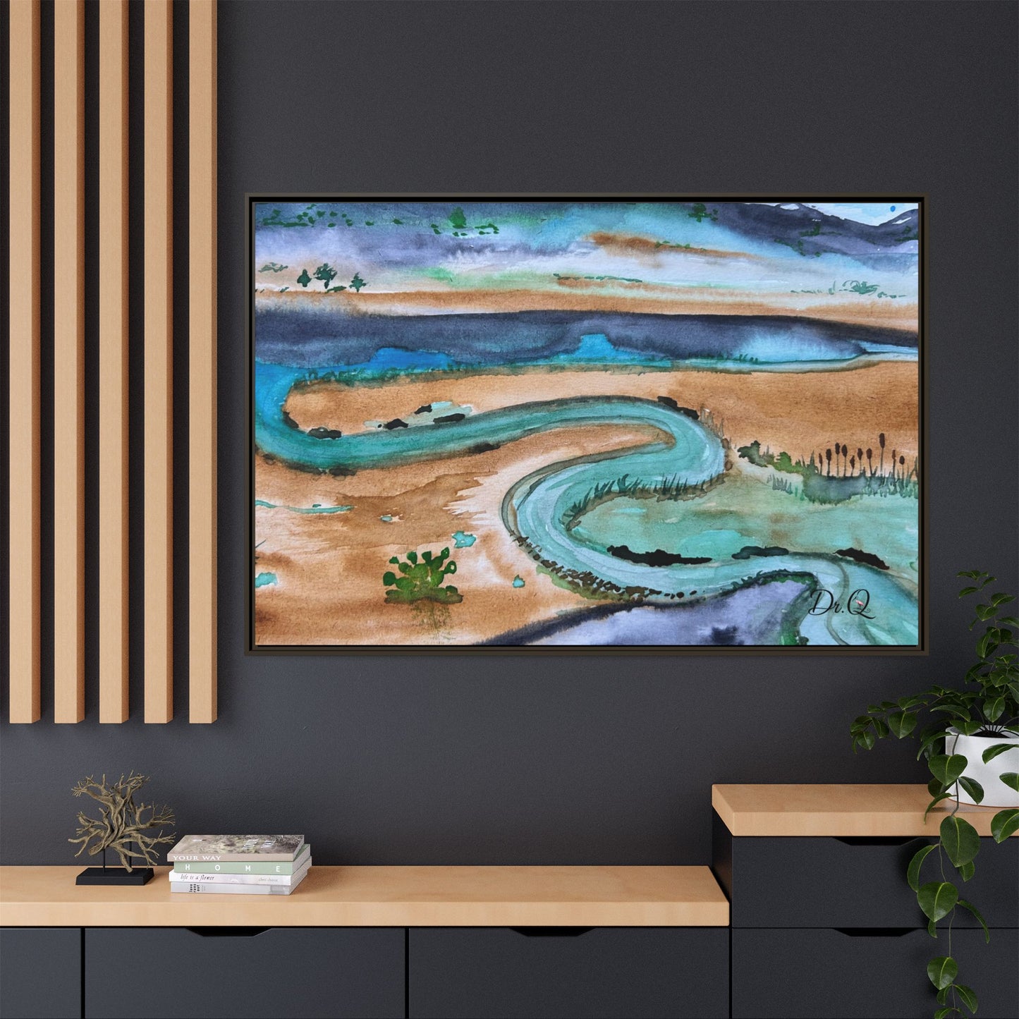 Winding River by Dr. Q - Framed Matte Canvas Watercolor Wall Art