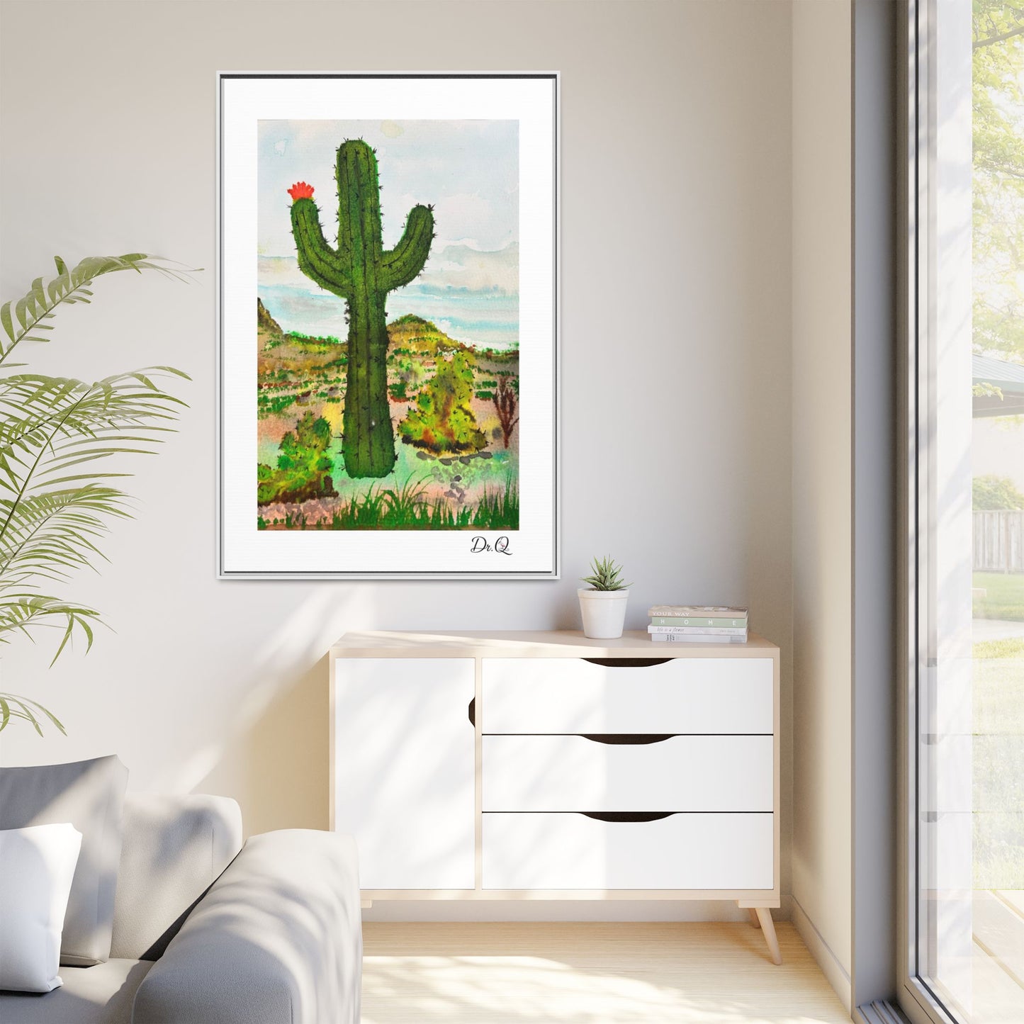 Framed Cactus Canvas Print — Desert Watercolor Wall Art