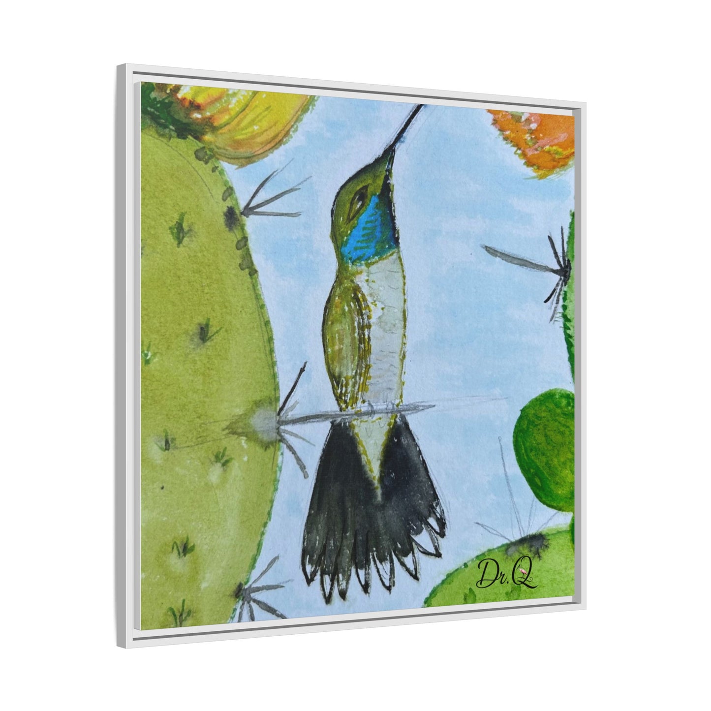 Framed Hummingbird Cactus Watercolor Print on Canvas by Dr. Q — Floral Desert Wall Art