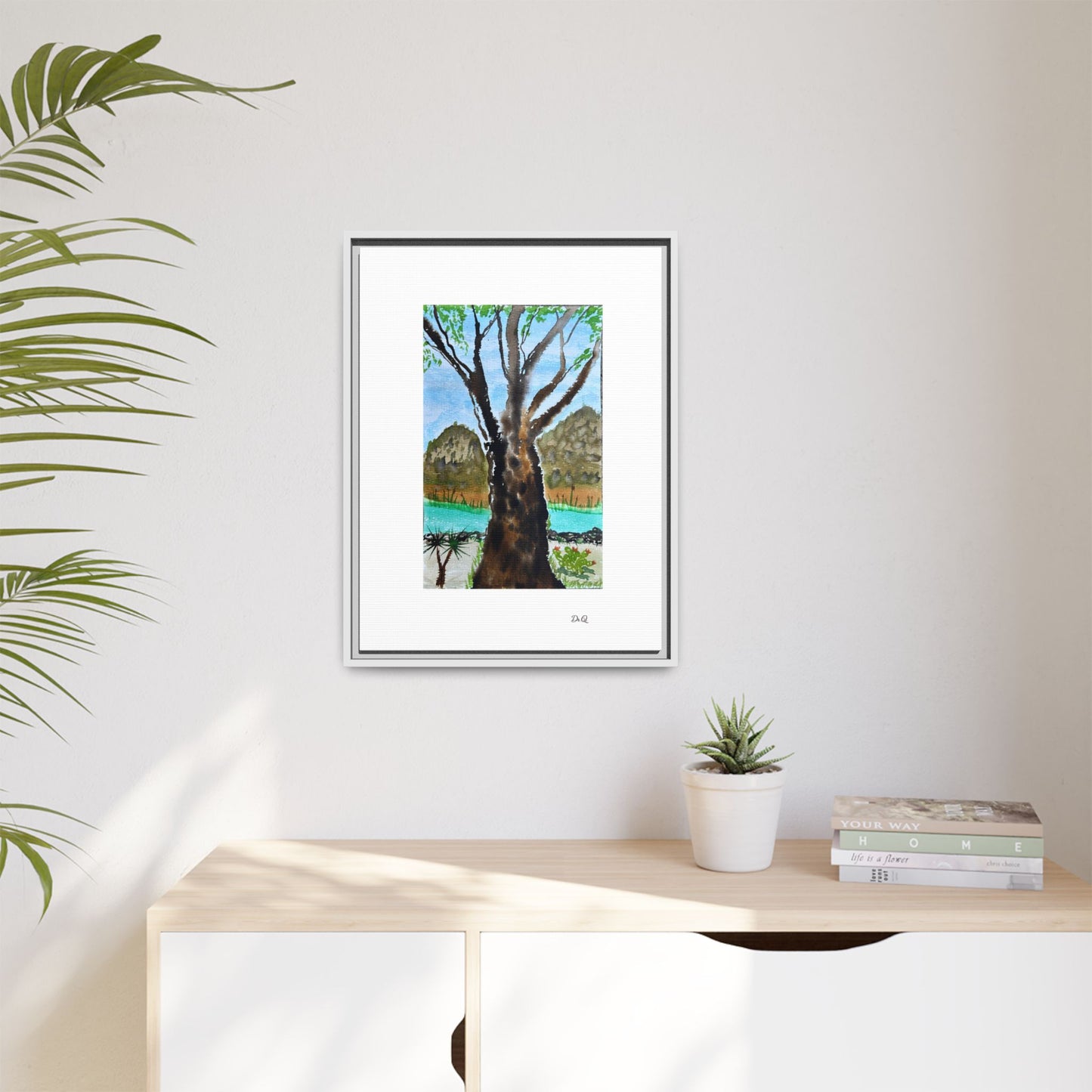 Tranquil Lakeside Tree Watercolor - Framed Matte Canvas Print by Dr. Q