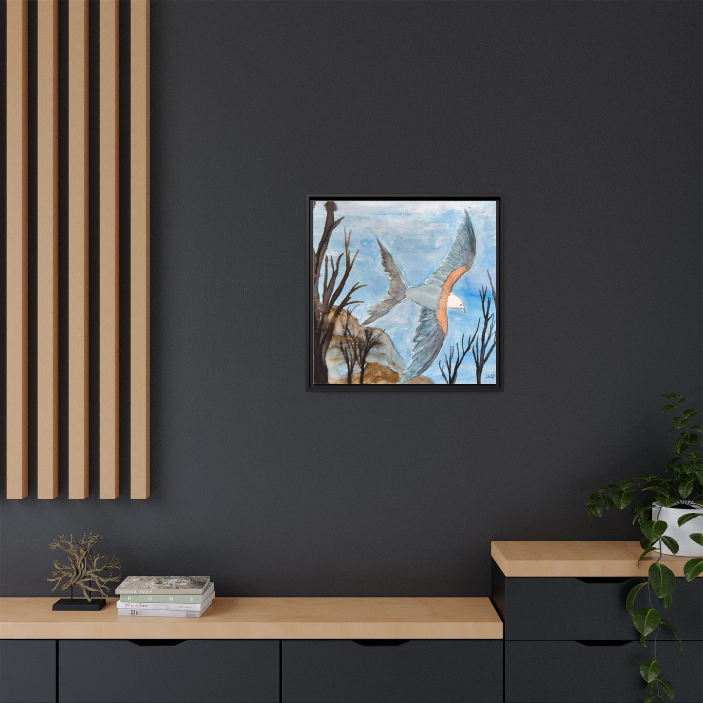 Framed Matte Canvas Wall Art — Soaring Seagull Coastal Print