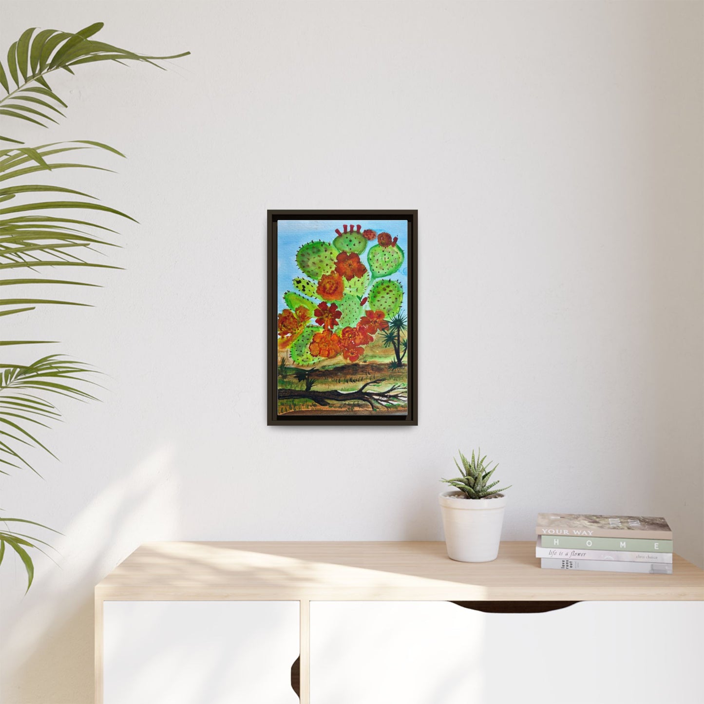 Prickly Pear Cactus Framed Canvas Print — Vertical Botanical Wall Art