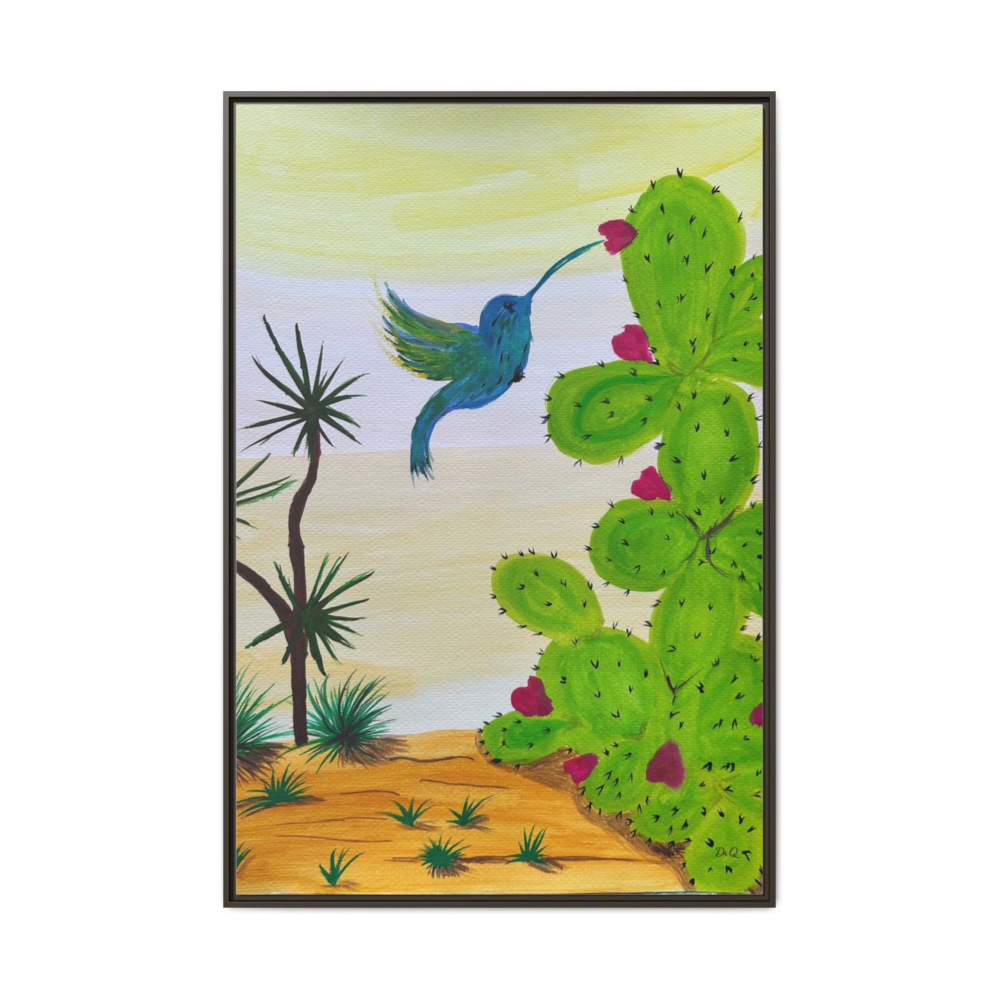 Tropical Cactus & Hummingbird Wall Art - Framed Matte Canvas